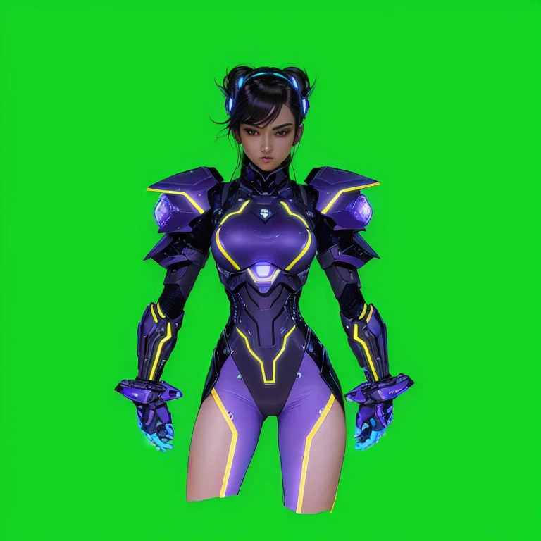 Personagem Principal:
Gender: Mulher
Idade: Not specified General View: Close-up (foco na parte superior do corpo)
Clothing and Armor:
Estilo Geral: Terno futurista, cybernetic armor
Materiais: neon armor, cybernetic armor de alta tecnologia
Design: Fitted and streamlined suit Predominant Colors: Black and Purple Specific Details:
Armadura: Brilhante e elegante, with purple luminous panels that emit a subtle glow Electric Gloves: Elegantes e futuristas, with purple details and sparkling blue lights Missile Launcher Backpack: Incorporada ao traje nas costas, with elegant and streamlined design Hair: Longo e escuro, with a purple lock that falls over the face Mask: Roxa, cobrindo metade do rosto
Fundo:
Cor: Verde
Estilo e Tema:
Estilo: Anime estilo cyberpunk
Elementos Visuais:
Aura: Durante a luta, the character is surrounded by an aura of dark psychic energy, highlighting your connection to the Psychological Power of Bison Inspiration: Estilo de figura de rua, similar to the character Decapre from Street Fighter, incorporating a sci-fi look with LED-illuminated armor Additional Features:
Expression: Misteriosa e intimidadora
Efeitos Visuais:
Luzes: Armor with sparkling blue lights and purple luminous panels Technology: Advanced technological armor with smooth lines and futuristic details ,um close de uma mulher em um terno futurista sobre um fundo verde, neon armor, girl in mecha cybernetic armor, vestido com cybernetic armor, armadura brilhante e elegante, cyber suit, cyber fighting armor, avatar de jogo 2d da parte superior do corpo, wearing sci-fi armor, led - armadura iluminada, armadura brilhante de alta tecnologia, cybernetic armor, cyber suit, vestindo armadura futurista.