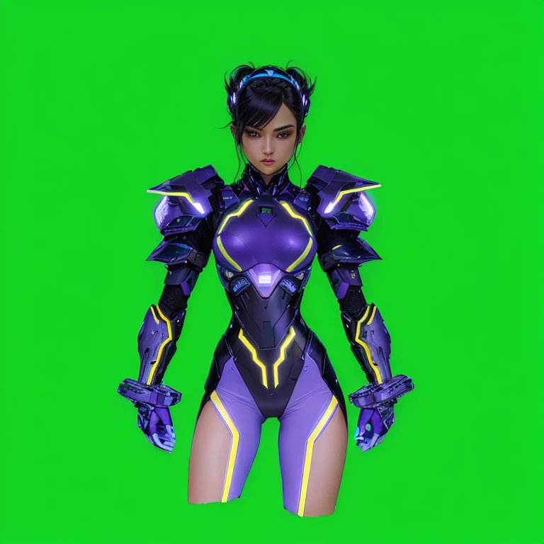 Personagem Principal:
Gender: Mulher
Idade: Not specified General View: Close-up (foco na parte superior do corpo)
Clothing and Armor:
Estilo Geral: Terno futurista, cybernetic armor
Materiais: neon armor, cybernetic armor de alta tecnologia
Design: Fitted and streamlined suit Predominant Colors: Black and Purple Specific Details:
Armadura: Brilhante e elegante, with purple luminous panels that emit a subtle glow Electric Gloves: Elegantes e futuristas, with purple details and sparkling blue lights Missile Launcher Backpack: Incorporada ao traje nas costas, with elegant and streamlined design Hair: Longo e escuro, with a purple lock that falls over the face Mask: Roxa, cobrindo metade do rosto
Fundo:
Cor: Verde
Estilo e Tema:
Estilo: Anime estilo cyberpunk
Elementos Visuais:
Aura: Durante a luta, the character is surrounded by an aura of dark psychic energy, highlighting your connection to the Psychological Power of Bison Inspiration: Estilo de figura de rua, similar to the character Decapre from Street Fighter, incorporating a sci-fi look with LED-illuminated armor Additional Features:
Expression: Misteriosa e intimidadora
Efeitos Visuais:
Luzes: Armor with sparkling blue lights and purple luminous panels Technology: Advanced technological armor with smooth lines and futuristic details ,um close de uma mulher em um terno futurista sobre um fundo verde, neon armor, girl in mecha cybernetic armor, vestido com cybernetic armor, armadura brilhante e elegante, cyber suit, cyber fighting armor, avatar de jogo 2d da parte superior do corpo, wearing sci-fi armor, led - armadura iluminada, armadura brilhante de alta tecnologia, cybernetic armor, cyber suit, vestindo armadura futurista.