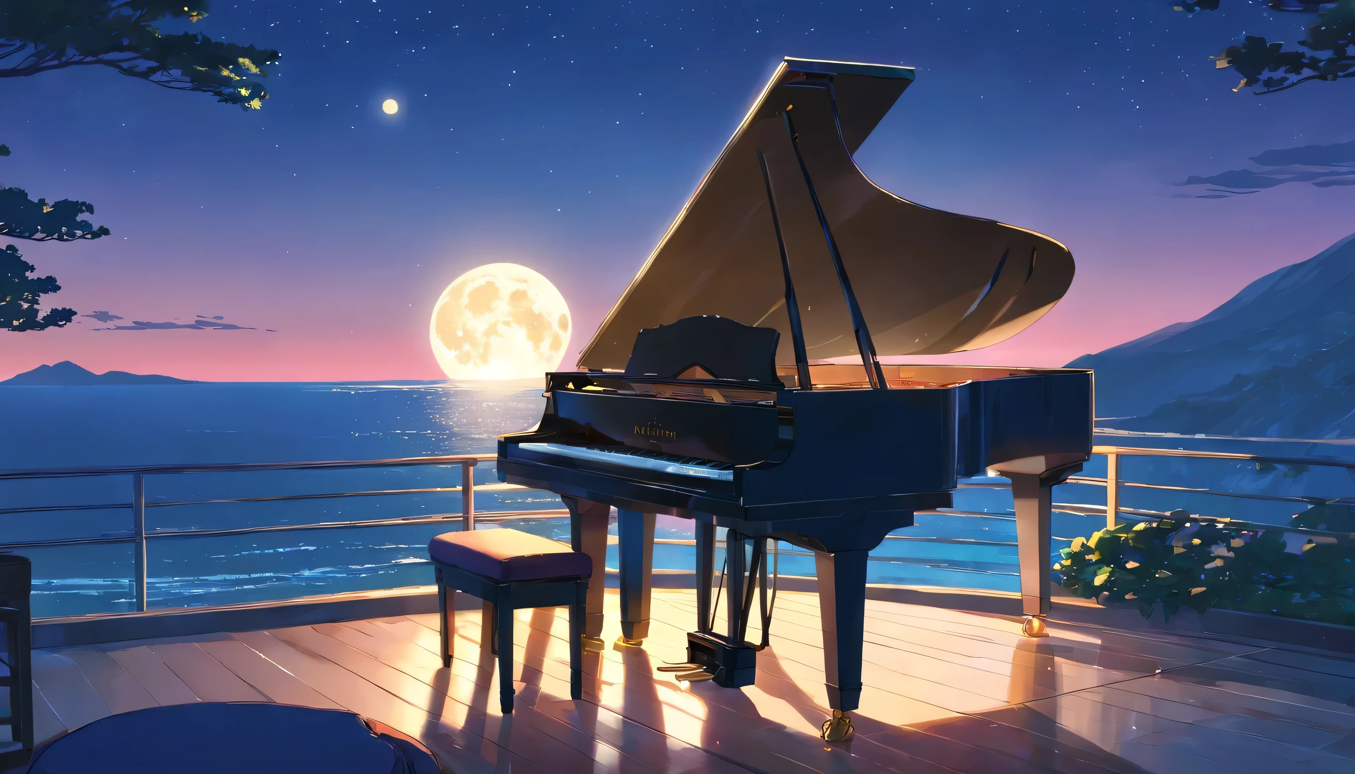 A grand piano illuminated by the full moon、You can see the ocean from the top of the mountain、The moonlight is reflected in the sea