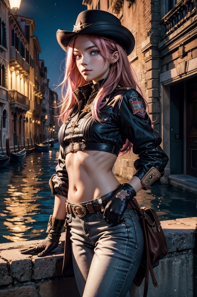 neopolitan, neopolitan, long hair, brown hair, (brown eyes:1.3), brown eyes, pink eyes, (heterochromia:1.2), ((two-tone hair, split-color hair, pink hair, brown hair, multicolored hair)), BREAK gloves, hat, navel, detached sleeves, midriff, belt, pants, white gloves, black headwear, bowler hat, hands on hips, BREAK outdoors, night, stars, moon, post-apocalypse, dystopian future, venice, ((river, gondola)), (crowd in military uniforms), bonfires, BREAK looking at viewer, (cowboy shot:1.5), BREAK (masterpiece:1.2), best quality, high resolution, unity 8k wallpaper, (illustration:0.8), (beautiful detailed eyes:1.6), extremely detailed face, perfect lighting, extremely detailed CG, (perfect hands, perfect anatomy), sitting on rock