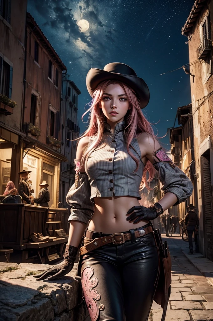 neopolitan, neopolitan, long hair, brown hair, (brown eyes:1.3), brown eyes, pink eyes, (heterochromia:1.2), ((two-tone hair, split-color hair, pink hair, brown hair, multicolored hair)), BREAK gloves, hat, navel, detached sleeves, midriff, belt, pants, white gloves, black headwear, bowler hat, hands on hips, BREAK outdoors, night, stars, moon, post-apocalypse, dystopian future, venice,  ((river, gondola)), (crowd in military uniforms), bonfires, BREAK looking at viewer, (cowboy shot:1.5), BREAK (masterpiece:1.2), best quality, high resolution, unity 8k wallpaper, (illustration:0.8), (beautiful detailed eyes:1.6), extremely detailed face, perfect lighting, extremely detailed CG, (perfect hands, perfect anatomy), sitting on rock