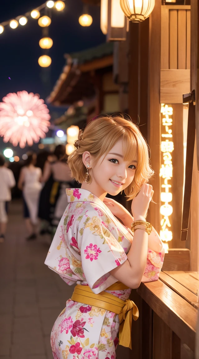 highest quality、High resolution、8k wallpaper、Perfect dynamic composition、(((Ezvian Everywhere)))、((From below))、Beautiful and cute 20 year old girl、Beautiful face in every detail、Delicate and cute eyes、Fine skin、Red cheeks.、shy、(Semi-short hair:1.3)、(wavy blonde hair)、Small breasts、Bold sexy pose、smile、Small breasts、Between the legs、Small Ass、Thin ass、Generated on the eaves.、Narrow shoulders、wavy blonde hair、blonde、Heart-shaped earrings、smile、、Gold bracelet、Summer festival、in yukata、Wearing a large floral yukata、Yellow Belt, Pink obi、Tie your hair back、Fireworks Festival Venue、night、Fireworks in the background、