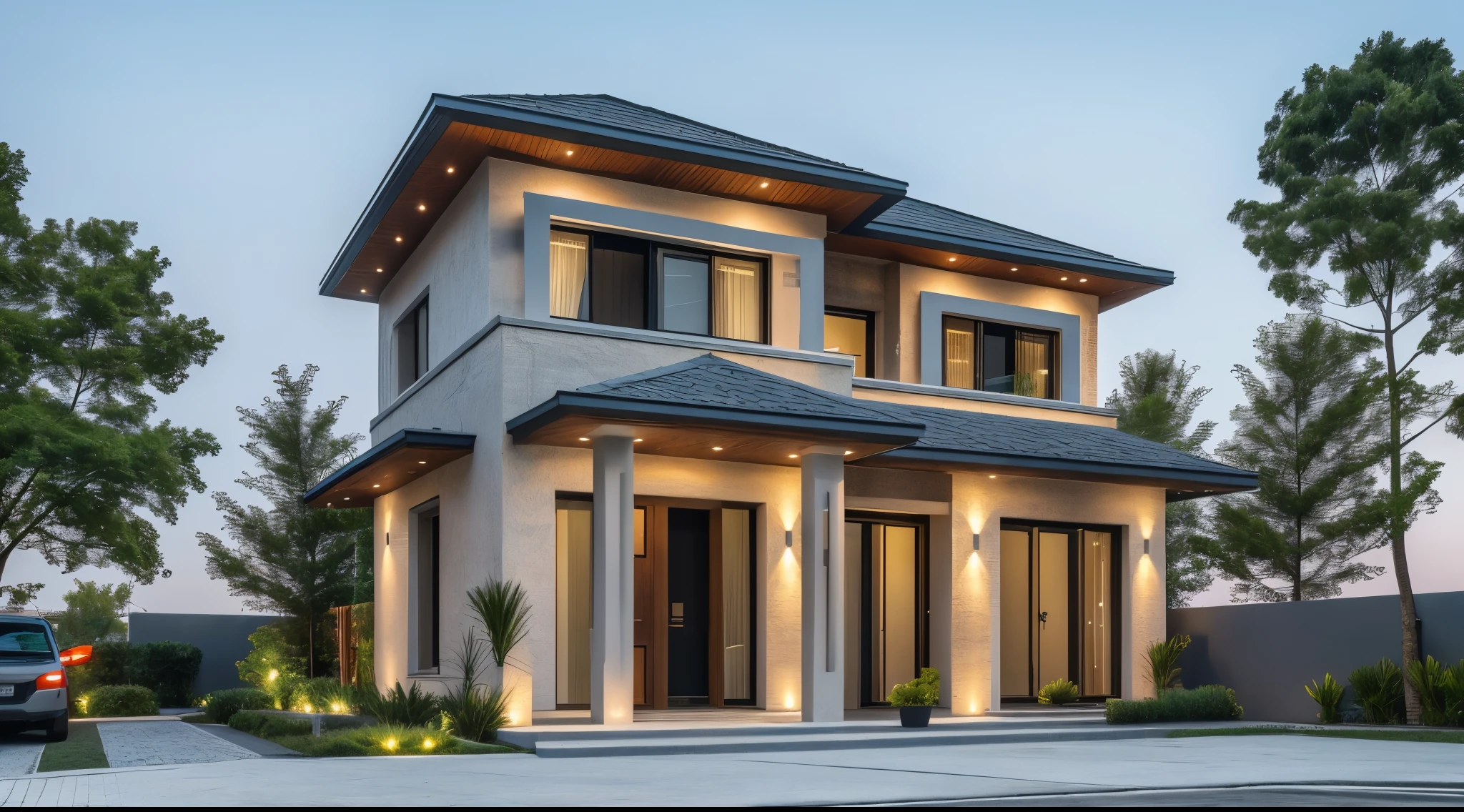 1 morden house, cofe space:1.4, main material by white wall and wood, large yard, 1 road runs in front of the house, (RAW photo, real, best quality, masterpiece:1.2), look morden minimalist, 1 road in front of the house, shime ring light, light brighteness from indoor:1.2, dynamic lighting:1.3, (hyper realistic, photo-realistic:1.2), high quality, (dark lighting:1.2), perfect lighting, archdaily