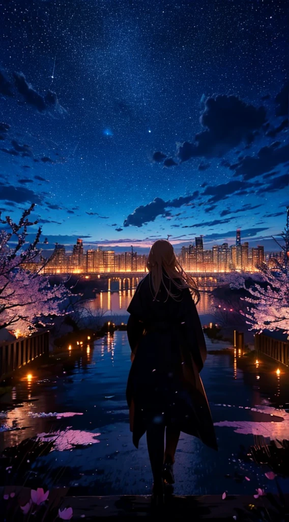 １people々々々,Blonde long hair，Swordsman，Long coat，silhouette， Rear View，Space Sky, milky way, Anime Style, cherry blossoms，夜cherry blossoms，辺り一面に舞うcherry blossoms吹雪，Night view of the city from the mountainside，