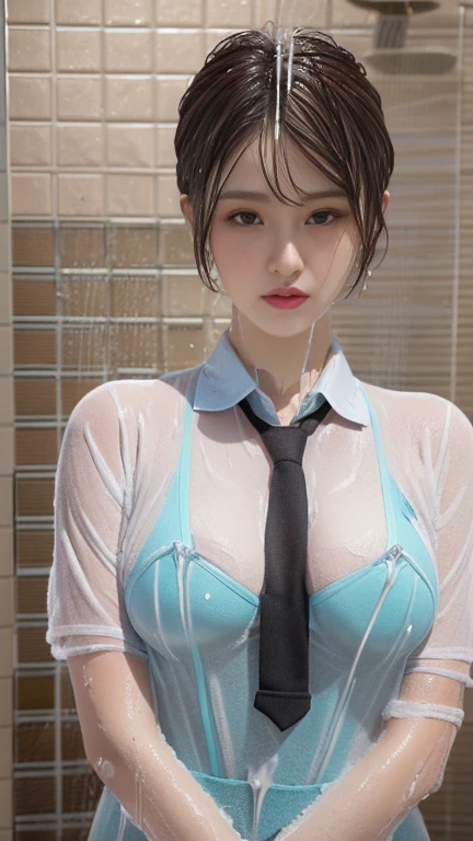 wearing clothes, (NSFW), (1 girl:1.3), (((In a dark and gloomy world))), shot above the knee, cowboy shot, Viewers are looking up, Japanese, supermodel, thin, high school girl, Unlit shower room:1.3, (((Take a bath in your shower room at home:1.7))), I take a shower, (Are standing:1.37), (looking at the viewer:1.37), (highest quality:1.4), 32K resolution, (realistic:1.5), (Ultra-realistic:1.5), High resolution 32k UHD, (masterpiece:1.2)), (Improvement of quality:1.4), (very beautiful facial details), (Highest quality realistic skin texture:1.4), (wet skin, wet clothes, wet hair:1.5), (perfect anatomy:1.2), (((school uniform, patterned ribbon tie, Pink collared shirt:1.15))), ((panties)), No skirts, Do not emphasize the top of the bust, (Tiled shower room:1.1), precise fingers, Super detailed, symmetrical eyes, ((view audience)), natural makeup, ((A good eye for quality:1.2)), (tired, sleepy and satisfied:0.0), (fine lips:1.33), (fine nose:1.2), Medium chest, (flat chest:1.05, thin lower body), brown hair, (Handsome bob cut hair:1.37), rape face, Depth of written boundary, carl zeiss, 85mm f/4,