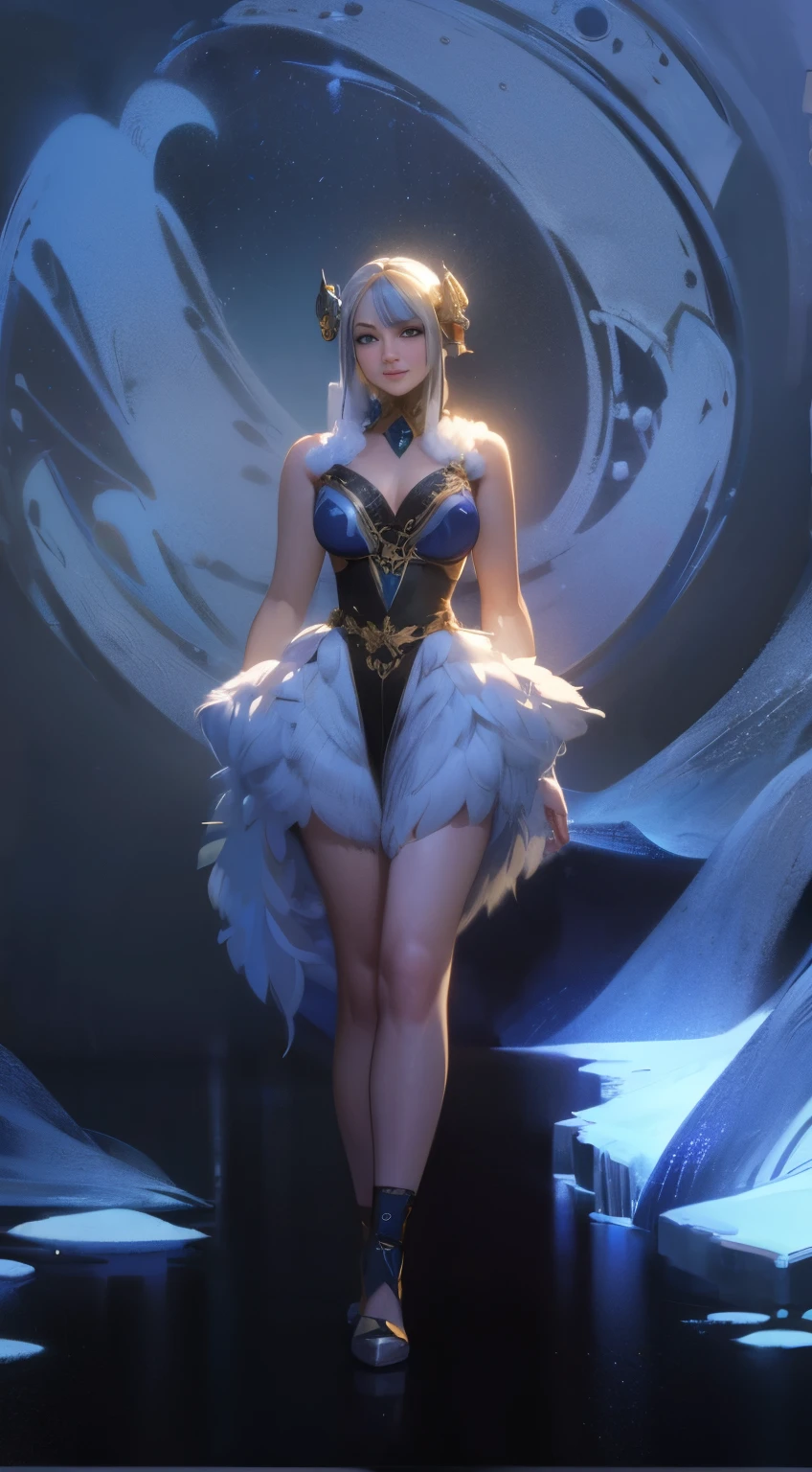(best quality,4k,8k,highres,masterpiece:1.2),ultra-detailed,(realistic,photorealistic,photo-realistic:1.37),sexy female cosplay penguin costume, in snow,anime style,smooth transitions,bright colors,soft lighting,frozen landscape,cold winter night,sparkling stars,playful expression,snowflakes swirling around,ice crystals on feathers,delicate lace details,feathered wings,furry flippered feet,striking pose,showcasing curves,intricate embroidery on the costume,subtle shimmering sequins,fluffy faux fur trim,tiny bejeweled belly button,head held high with confidence,inquisitive eyes,mischievous smile,can't resist her charm,standing on a snowy mound,creating a picturesque scene,a fantasy world brought to life.