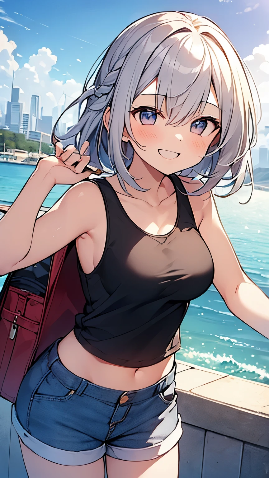 (Masterpiece, Top quality: 1.5),from below:1.3, upper body, 1 beautiful girl, silver hair, (Tank top、 Shorts :1.3), Summer clothes, hairpin, medium hair, Braided hair, wave hair, Hair swaying in the wind, Keep your head small, ( old:1.2), big breasts, standard weight, one knapsack, (smile:1.5), blush :1.2, open mouth, beautiful scene , Mediterranean cityscape, magnificent panorama view, dynamic pose