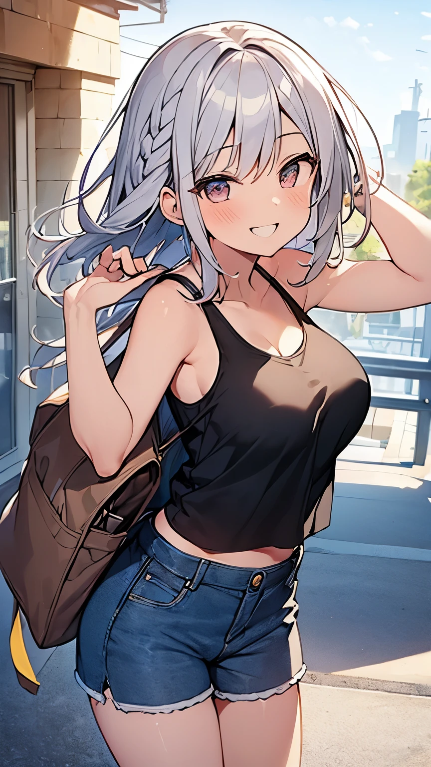 (Masterpiece, Top quality: 1.5),from below:1.3, upper body, 1 beautiful girl, silver hair, (Tank top、 Shorts :1.3), Summer clothes, hairpin, medium hair, Braided hair, wave hair, Hair swaying in the wind, Keep your head small, (15 year old:1.2), big breasts, standard weight, one knapsack, (smile:1.5), blush :1.2, open mouth, beautiful scene , Mediterranean cityscape, magnificent panorama view, dynamic pose