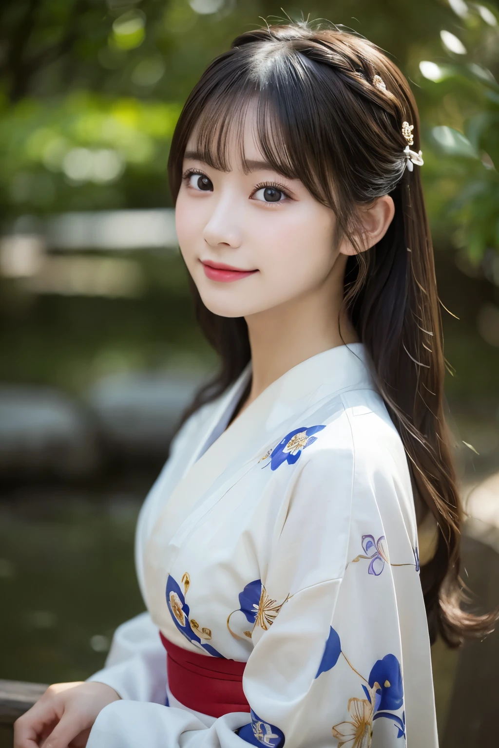 (kimono)、(highest quality、8k、High resolution、masterpiece:1.2)、Very detailed、(Realistic、photoRealistic、photo-Realistic:1.3)、Bokeh、Portraiture、smile、(Beautiful and detailed eyes、beautiful girl、Young face、Detailed face、No makeup)、A little backlight、Depth of written boundary、chromatic aberration、Use natural light and color、Wide range of lighting、Natural Shading、Caustics