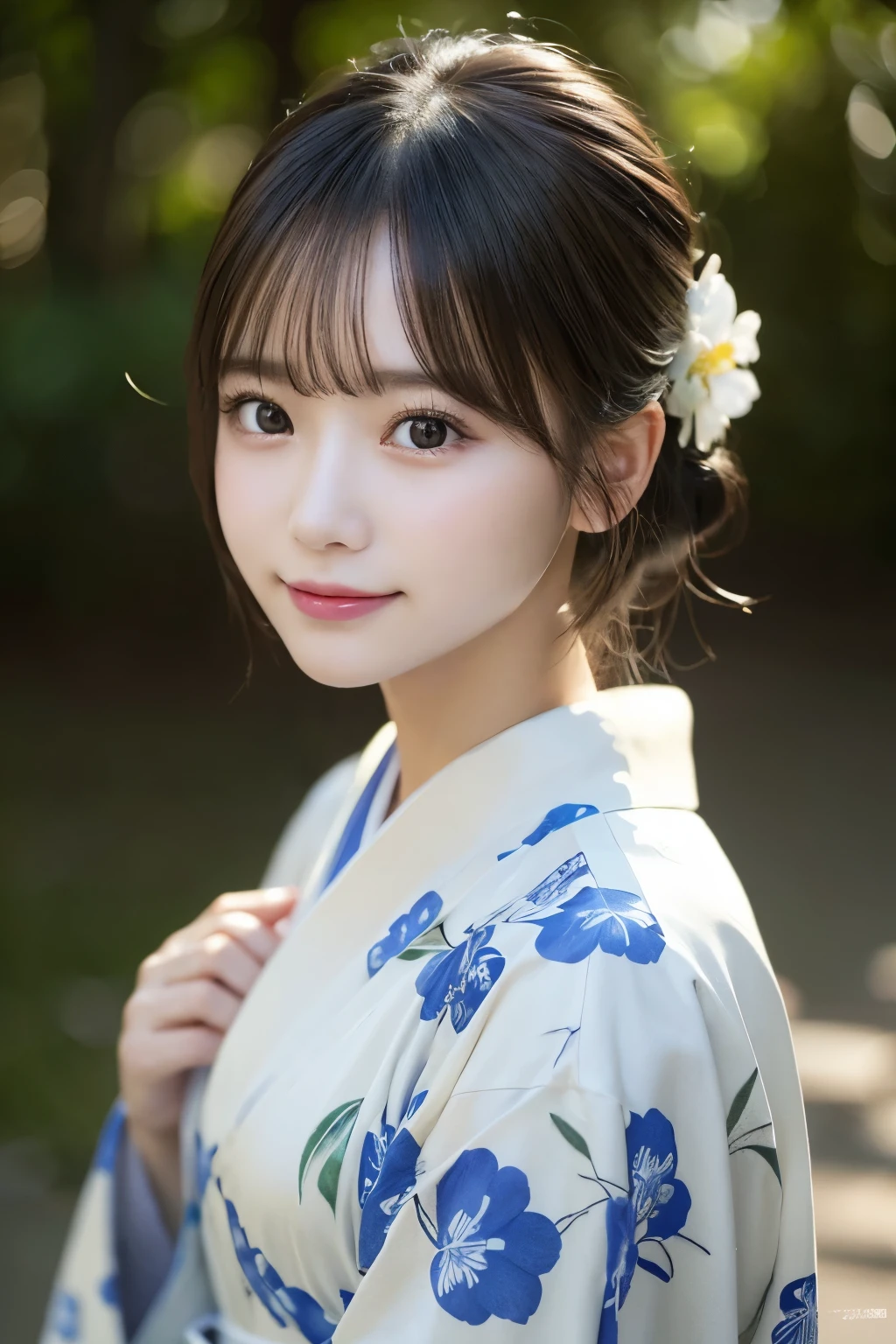 (kimono)、(highest quality、8k、High resolution、masterpiece:1.2)、Very detailed、(Realistic、photoRealistic、photo-Realistic:1.3)、Bokeh、Portraiture、smile、(Beautiful and detailed eyes、beautiful girl、Young face、Detailed face、No makeup)、A little backlight、Depth of written boundary、chromatic aberration、Use natural light and color、Wide range of lighting、Natural Shading、Caustics