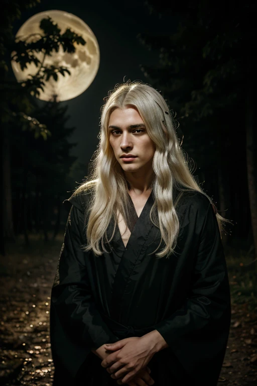 Forest at night,Bright moon,An eerie and evil feeling,a young man,Exquisite facial features,Yellow eyes,Cold eyes,Long white hair blowing in the wind,wearing black robe,The robe has golden irregular patterns