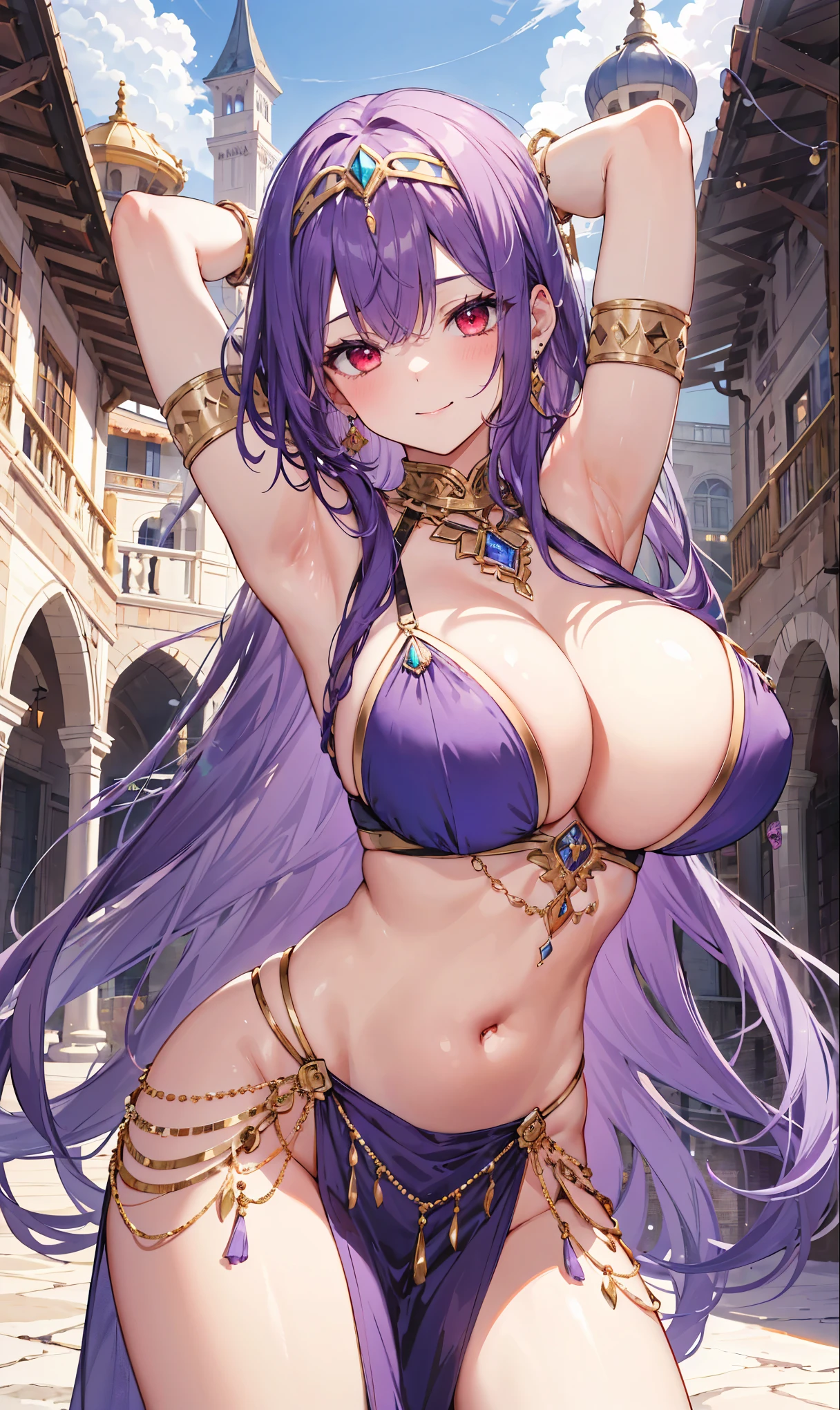 high quality, ultra detailed, best quality, insanely detailed, beautiful, masterpiece, 1girl, medieval plaza, cowboy shot, red eyes, long hair, purple hair, belly dancer, circlet, earrings, armlets, bracelets, bashful smile, large breasts, cleavage, soft stomach