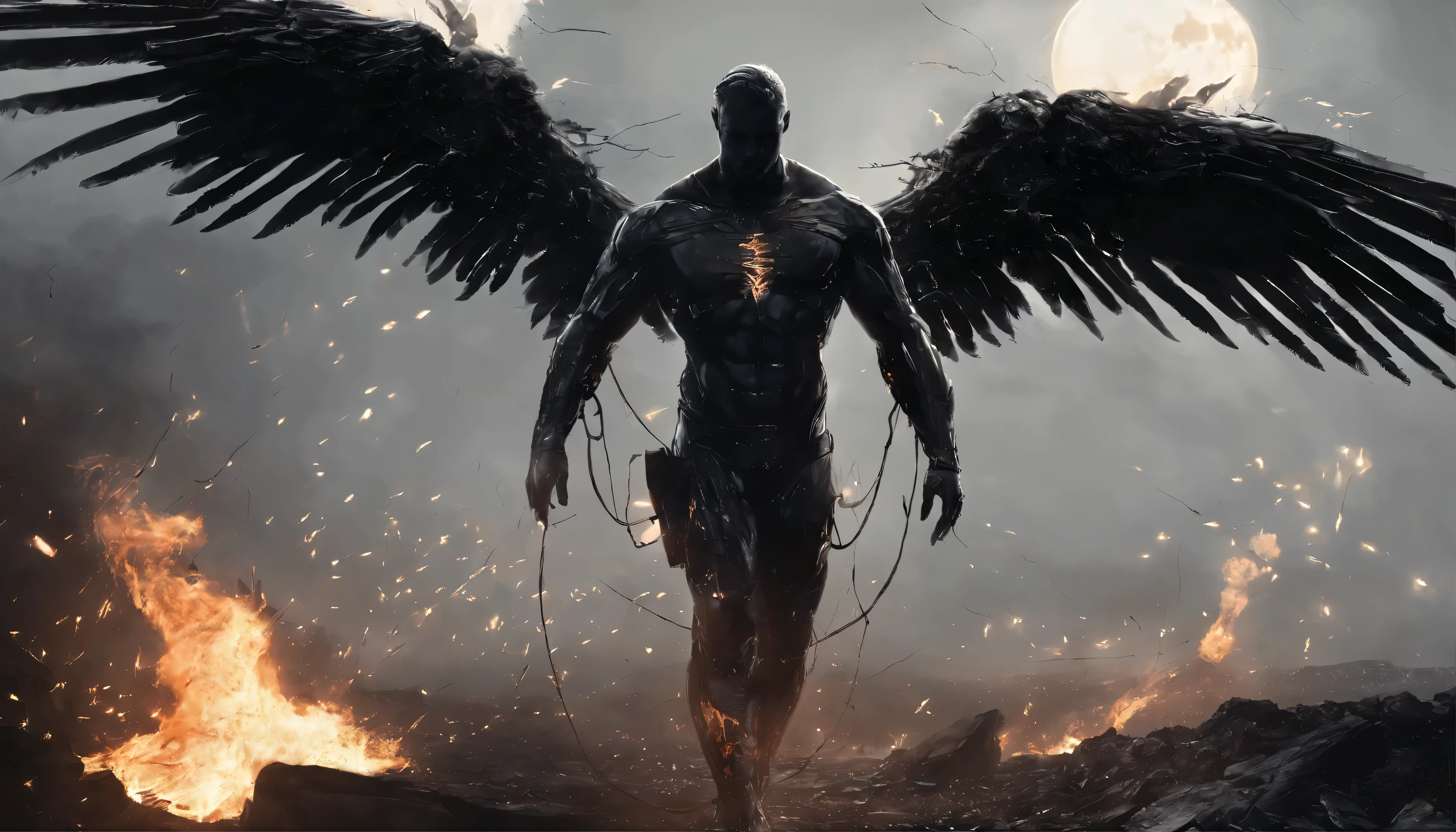 apocalpyse Fallen male Angel, dark, dirty body, glowing light eyes, Delicate and beautiful face, fire, inferno, sparks, background, industrial wings, Biomechanical, eerie, Dream-like, Very dark colors, Light particles, with light glowing, Lucifer, wallpaper art, UHD wallpaper fire sparks,