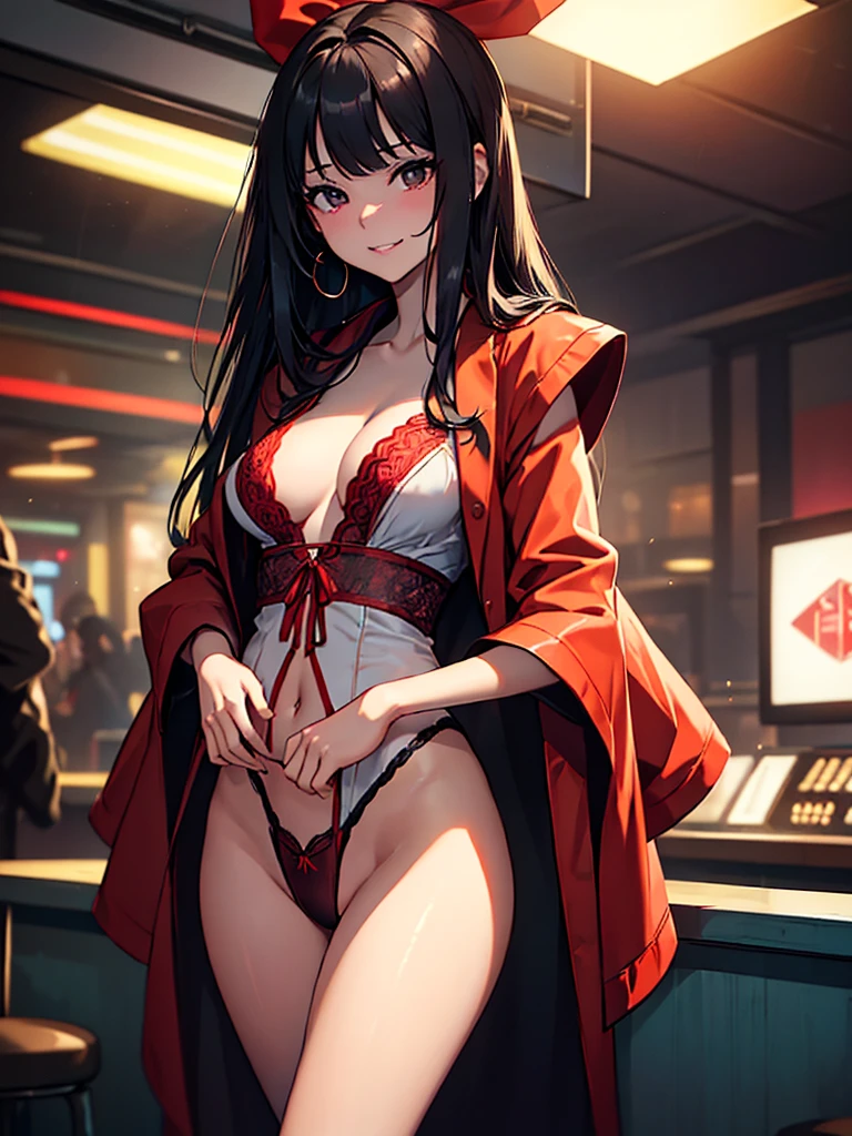 (masterpiece、top-quality、hight resolution、Unity 8k Wallpaper、extremely details CG:1)、In a dimly lit nightclub, a provocative woman stands at the center of attention. She is wearing a long coat, ((which she has dramatically opened wide to reveal a scandalous outfit or just lingerie underneath.)) The woman is facing forward, looking directly at the viewer with a bold, teasing expression on her face. Her pose is confident and daring, exuding an aura of seduction. The background features typical nightclub elements such as neon lights, a bar, and silhouettes of other patrons. The overall mood is one of boldness, allure, and provocation. nsfw, ((grin, red ribbon, ))