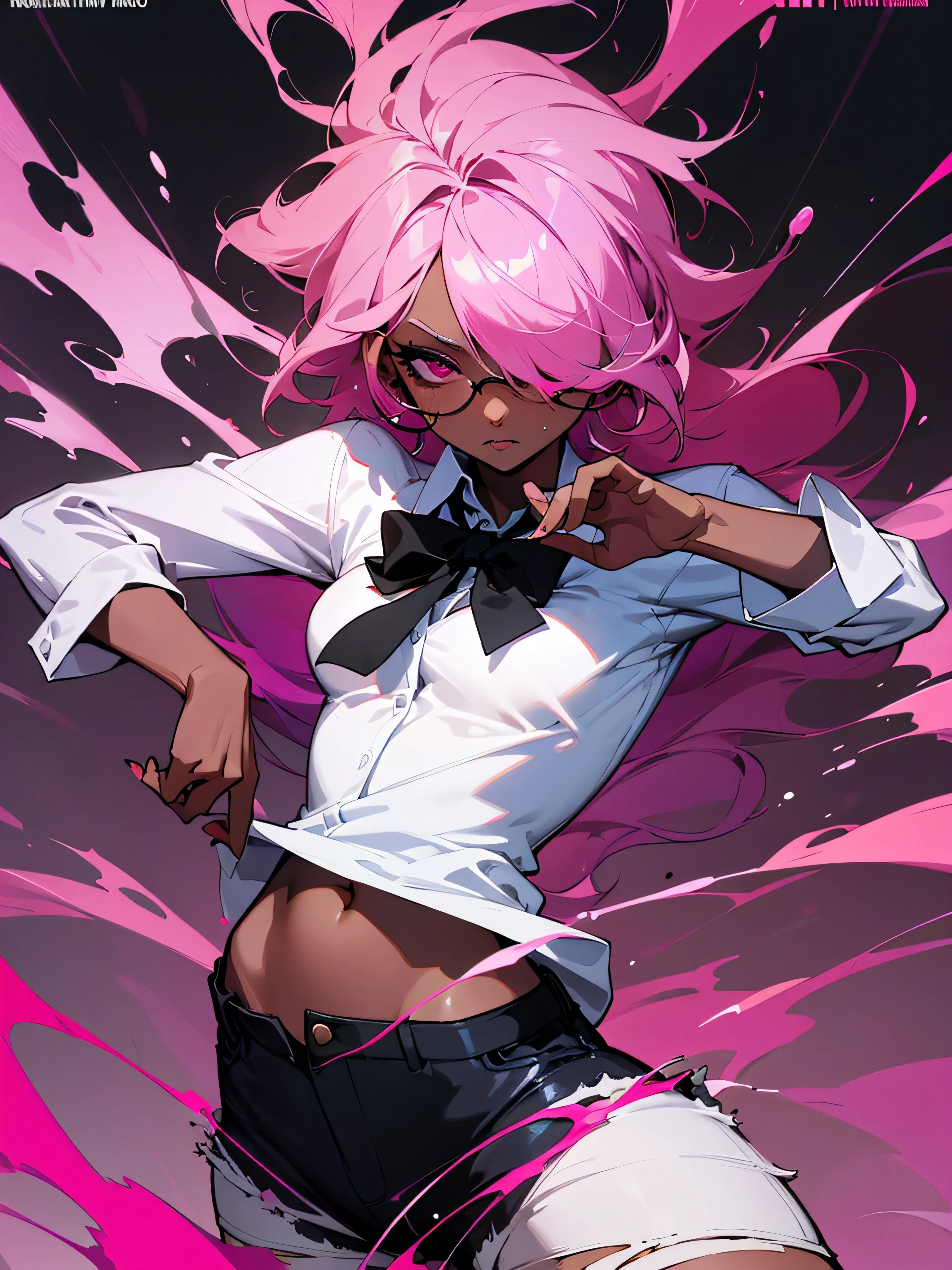 1 woman, adult, ((dark skinned woman, hair over the one eye)), pink hair, messy hair, purple eye, glasses, (white shirt, short pants), black tie, underboob, earrings, dynamic pose, masterpiece, dark and gritty background ,
color palette is mainly dark with splashes of vibrant colors, dynamic and visually striking appearance, film poster featuring a young woman as the central character. She stands confidence, show off under wear, bukkake, nsfw,