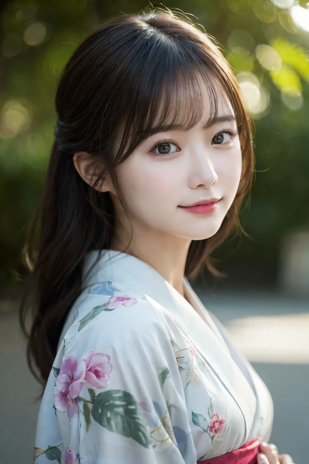 (kimono)、(highest quality、8k、High resolution、masterpiece:1.2)、Very detailed、(Realistic、photoRealistic、photo-Realistic:1.3)、Bokeh、Portraiture、smile、(Beautiful and detailed eyes、beautiful girl、Young face、Detailed face、No makeup)、A little backlight、Depth of written boundary、chromatic aberration、Use natural light and color、Wide range of lighting、Natural Shading、Caustics