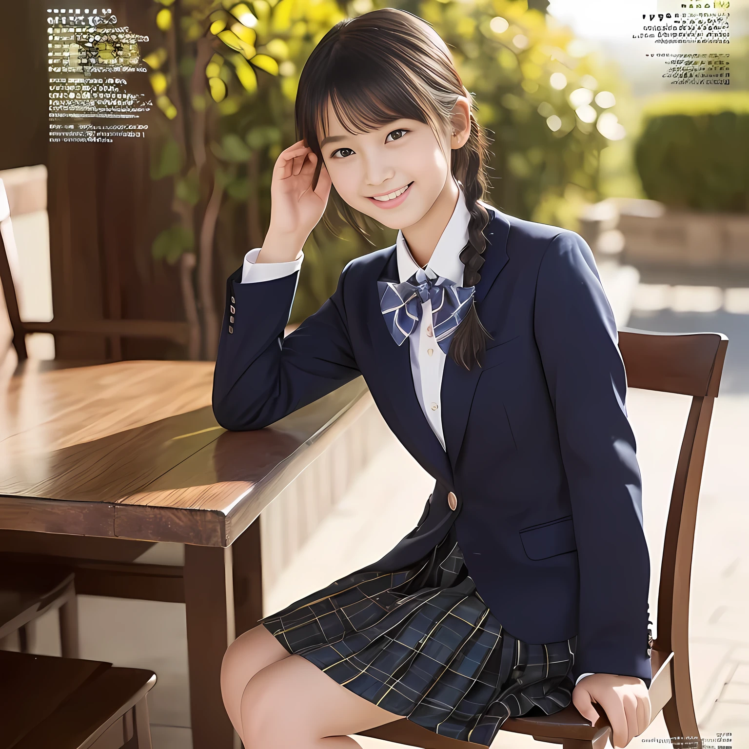 (highest quality, masterpiece:1.2), highest quality, Realistic, photograph, High resolution, 1080p, 8K, Physical Rendering, ((Height: 155cm)), Japanese girl、((((((A 14 year old beautiful Japanese fashion magazine's fashion model is looking straight at the viewer)))))), (((big very detailed beautiful dark brown eyes))), ((((laughing at me!)))), detailed fingers, (((curled blunt bangs))), ((((Very noble and cute eyes, carefully drawn with great attention to detail)))), ((double eyelids)), (((long eyelashes))), ((cute lovely lovely laughing laughing cheeks)), ((The pure white light hits my nose and cheeks. Her eyes and white facial skin shine beautifully white.)), (((((Her facial features are very expressive lovely smile, very sweet, very very intelligent))))), ((((impressive plain navy large school ribbon bow tie in plain)))), ((((black very beautiful and very long braids hair)))), (((blue and navy colored tartan checkered formal long pleated skirt))), ((((A formal dark blue blazer in solid that is slightly oversized and with a golden emblem)))), ((As elegant as a noble princess)), ((Seated on a chair of platform at a rural railway station)), ((Shooting the whole body from the side))