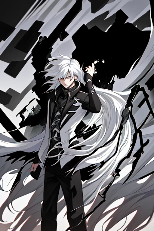 Boy, with long hair, with white hair, black and white, destruction, 4K quality.