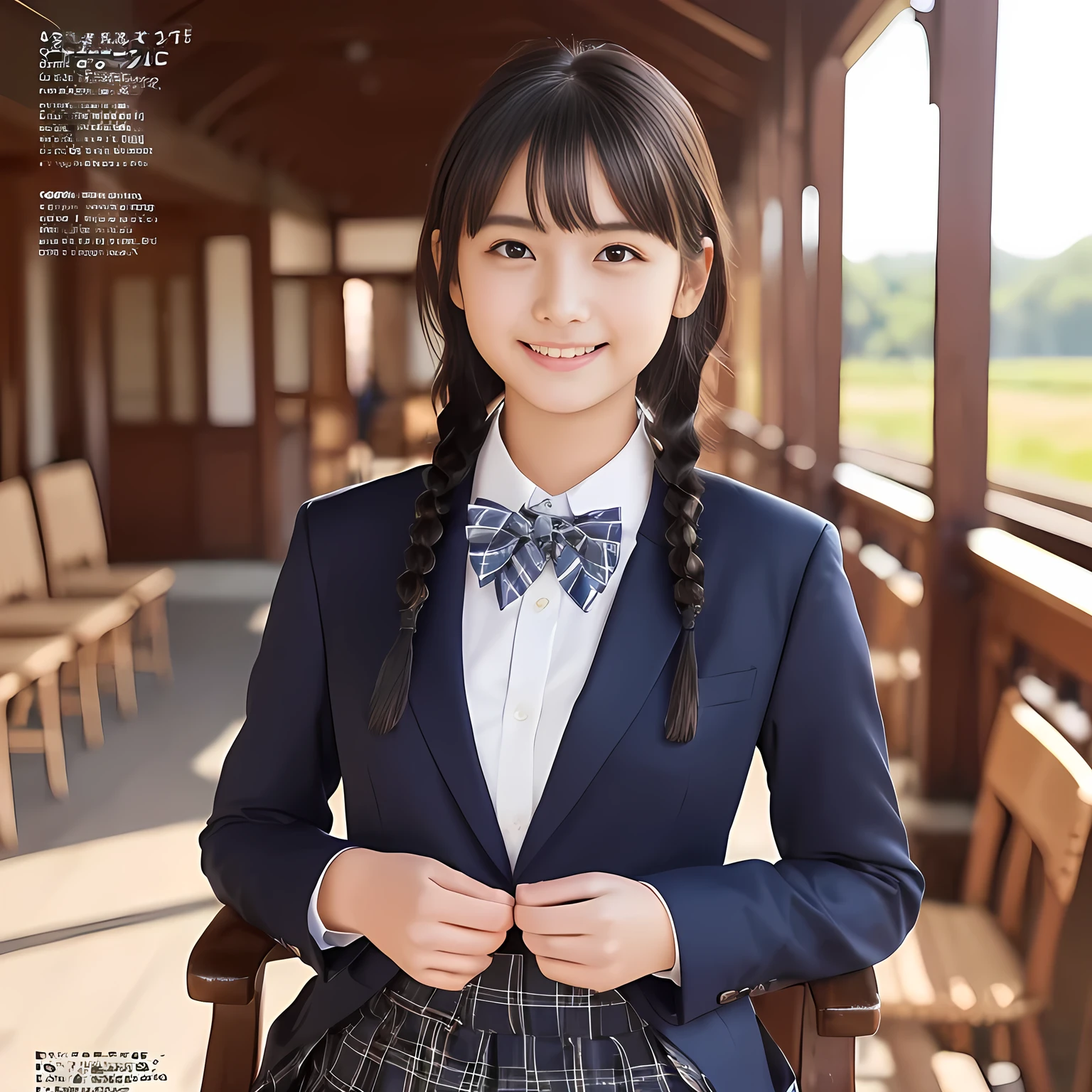 (highest quality, masterpiece:1.2), highest quality, Realistic, photograph, High resolution, 1080p, 8K, Physical Rendering, ((Height: 155cm)), Japanese girl、((((((A 14 year old beautiful Japanese fashion magazine's fashion model is looking straight at the viewer)))))), (((big very detailed beautiful dark brown eyes))), ((((laughing at me!)))), detailed fingers, (((curled blunt bangs))), ((((Very noble and cute eyes, carefully drawn with great attention to detail)))), ((double eyelids)), (((long eyelashes))), ((cute lovely lovely laughing laughing cheeks)), ((The pure white light hits my nose and cheeks. Her eyes and white facial skin shine beautifully white.)), (((((Her facial features are very expressive lovely smile, very sweet, very very intelligent))))), ((((impressive plain navy large school ribbon bow tie in plain)))), ((((black very beautiful and very long braids hair)))), (((blue and navy colored tartan checkered formal long pleated skirt))), ((((A formal dark blue blazer in solid that is slightly oversized and with a golden emblem)))), ((As elegant as a noble princess)), ((Seated on a chair of platform at a rural railway station)), ((Shooting the whole body from the side))