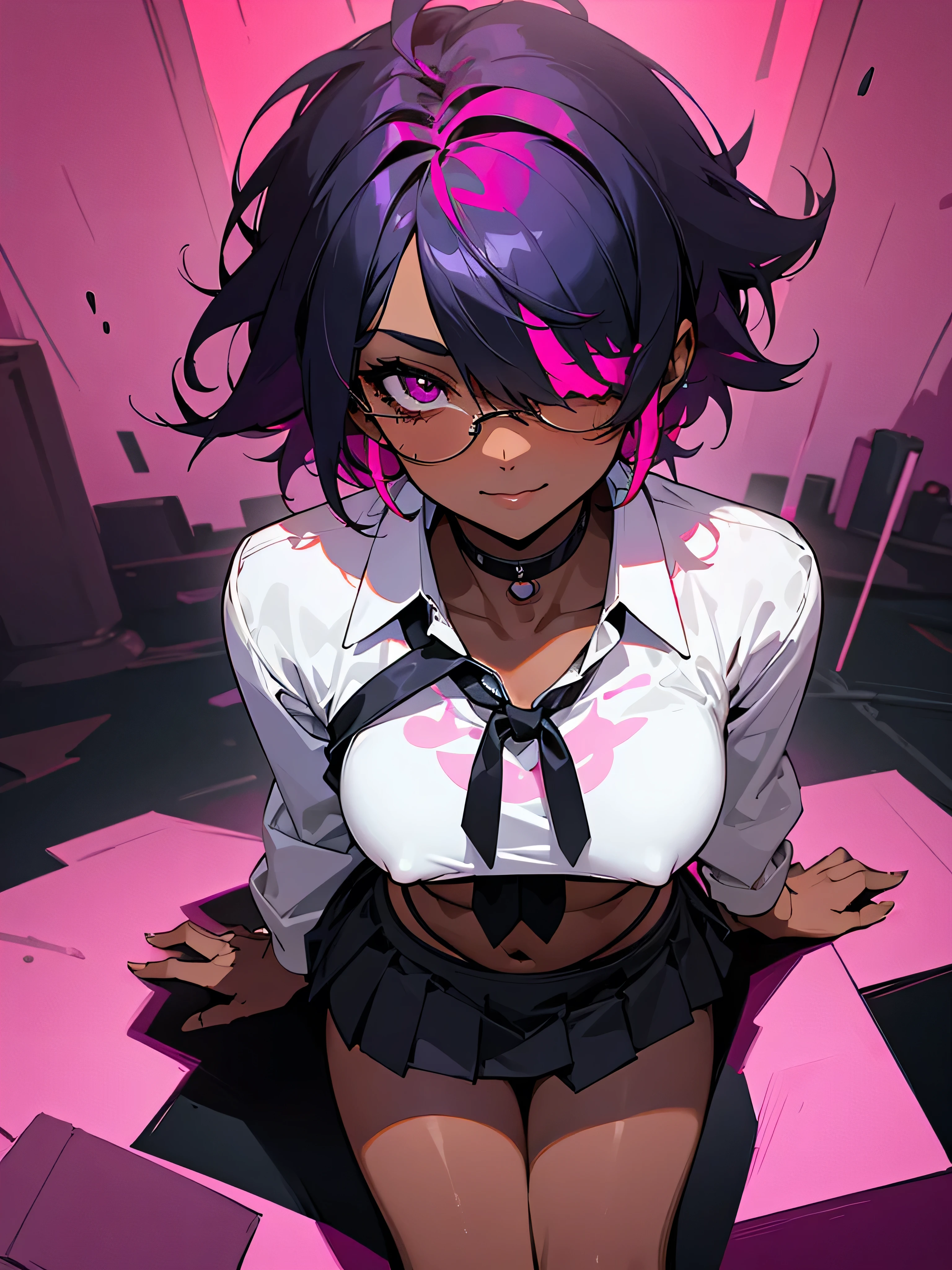 1 woman, adult, ((dark skinned woman, hair over the one eye)), pink hair, messy hair, purple eye, glasses, white shirt, short skirt, black tie, underboob, earrings, dynamic pose, masterpiece, dark and gritty background ,
color palette is mainly dark with splashes of vibrant colors, dynamic and visually striking appearance,  film poster featuring a young woman as the central character, She sitting like teasing viewers, show off under wear, nsfw, open legs, teasing smile, from above, collabone,