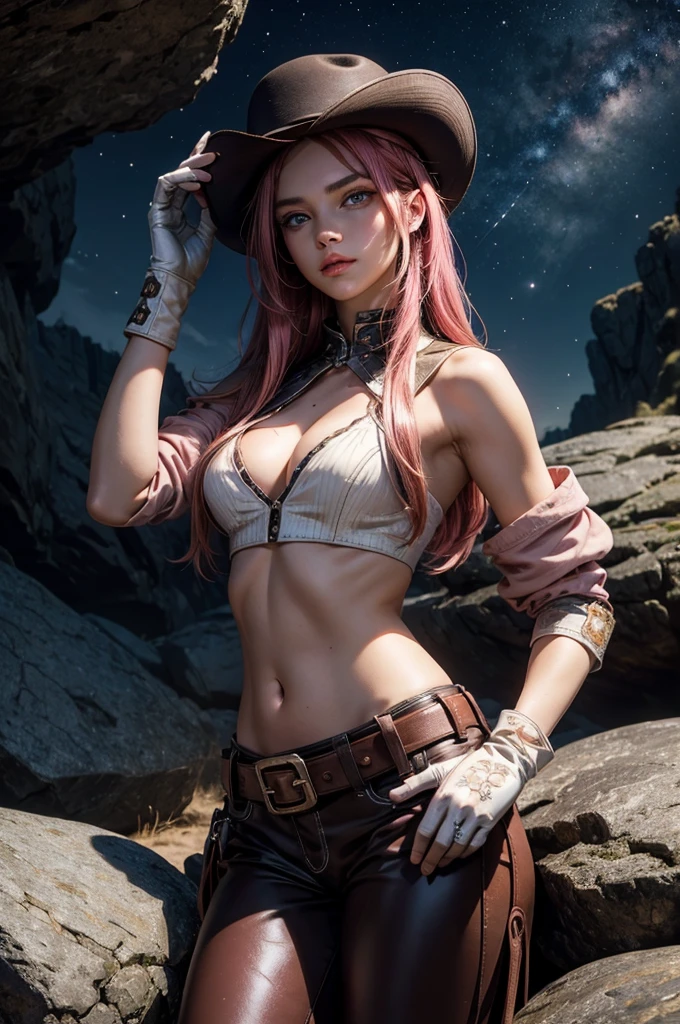 neopolitan, neopolitan, long hair, brown hair, (brown eyes:1.3), brown eyes, pink eyes, (heterochromia:1.2), ((two-tone hair, split-color hair, pink hair, brown hair, multicolored hair)), BREAK gloves, hat, navel, detached sleeves, midriff, belt, pants, white gloves, black headwear, bowler hat, hands on hips, BREAK outdoors, night, stars, moon, post-apocalypse, dystopian future, in cave mouth, river, rocks, (crowd in military uniforms), bonfires, BREAK looking at viewer, (cowboy shot:1.5), BREAK (masterpiece:1.2), best quality, high resolution, unity 8k wallpaper, (illustration:0.8), (beautiful detailed eyes:1.6), extremely detailed face, perfect lighting, extremely detailed CG, (perfect hands, perfect anatomy), sitting on rock