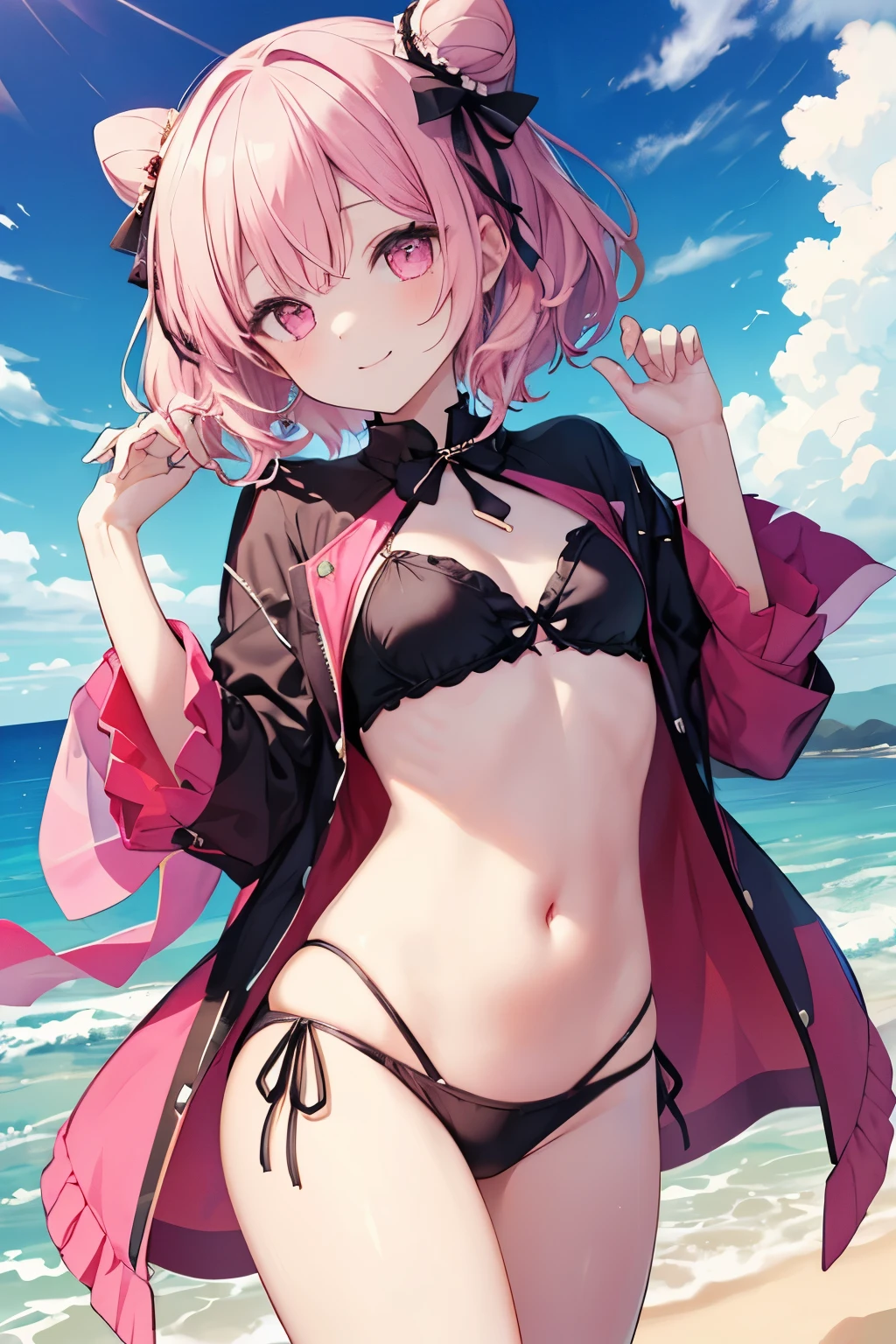 Pink Hair, Pink Eyes、girl、Small breasts、Hair Bun、girl、Small breasts、Lolita、Bright smile、Looks about 15 years old、Petan Musume、He is short、Eye highlights、Sexy thighs、Wearing a bikini、Ocean