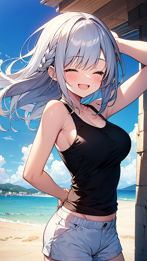 (Masterpiece, Top quality: 1.5), from side:1.3, upper body, 1 beautiful girl, silver hair, (Tank top、 Shorts :1.3), Summer clothes, hairpin, medium hair, Braided hair, wave hair, Hair swaying in the wind, Keep your head small, (15 year old:1.2), big breasts, standard weight, one knapsack, (smile:1.5), blush :1.2,closed eyes, open mouth, beautiful scene , Mediterranean cityscape, magnificent panorama view, dynamic pose