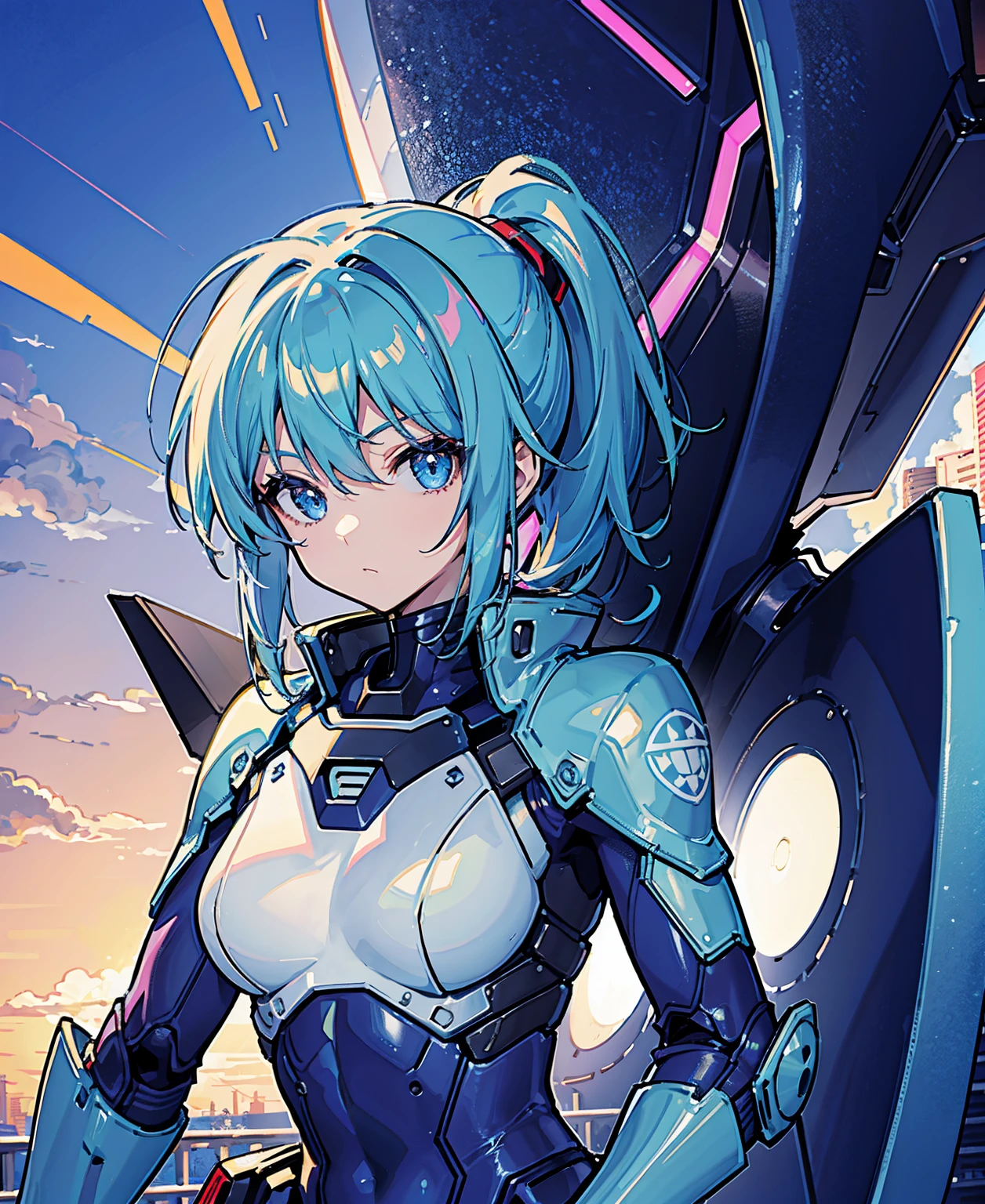 Blue Hair、Masterpiece、Best Quality、1 girl、Medium breast、((Album cover))、Light on Face、Slim Body、Blue Costume、Exoskeleton、metal Gear、Cyberpunk Style、ponytail、The Gundam pilot、attention arousal，Ride a fighter