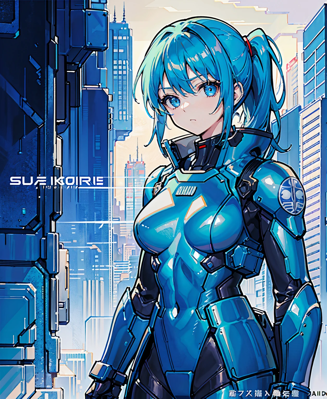 Blue Hair、Masterpiece、Best Quality、1 girl、Medium breast、((Album cover))、Light on Face、Slim Body、Blue Costume、Exoskeleton、metal Gear、Cyberpunk Style、ponytail、The Gundam pilot、attention arousal，Ride a fighter