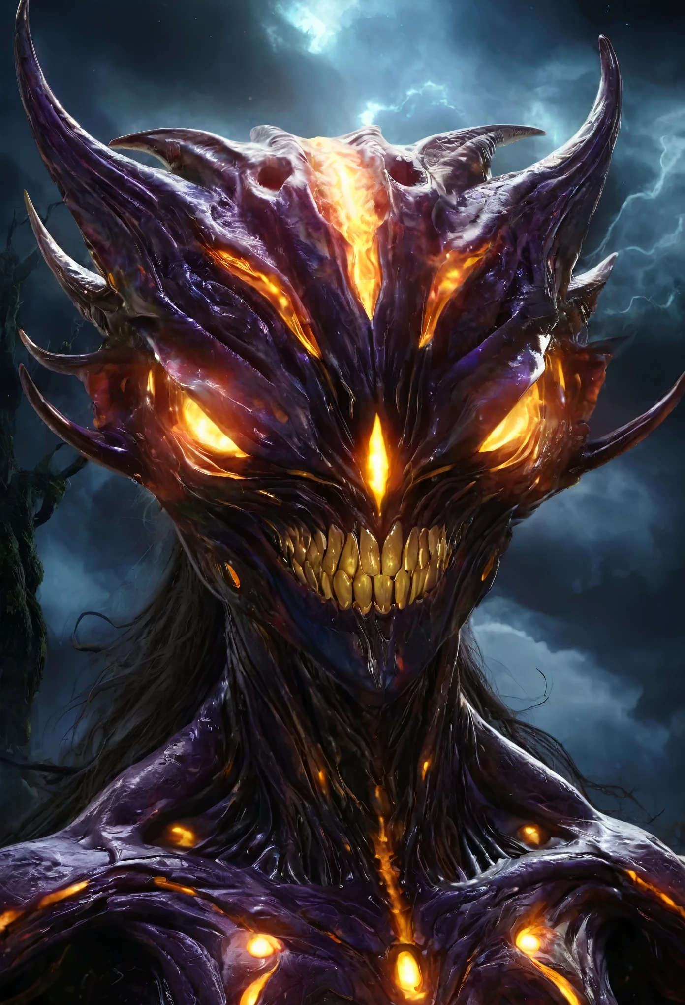 (High resolution,realistic,sharp focus),Humanoid alien creature with a vertically split face forming a mouth shape,beautiful predatory creature There is similar to a woman,Alien/monster hybrid,scary hunter,[cosmic,extraterrestrial] There is,organic matter,otherworldly predator,beyond life,length,flowing hair,earrings,shineing eyes,intense sight,[elegant,graceful],enchanting facial features,[sharp,pointed,elengthated] teeth,[toxic,toxic] tooth,intense,enchanting smile,Smooth yet muscular body,[curve,shape] There is similar to a woman,[graceful,Towering] before,Alien skin texture resembling iridescent scales,[ethereal,luminescent] shine,[Evil,Unlucky] aura,Slurping,bipedal walking,[tranquility,predatory] enchanting footsteps,hypnotic] dance,[spooky,Unforgettable] grace,contrasting colors,[darkness,Shadow] hug a living thing,dystopian background scenery,[cosmic,Milky Way] background,Unlucky celestial bodies,pulsating clouds,[extraterrestrial,surreal] vegetation,rays of ethereal light [filtering,caress] scene,dramatic chiaroscuro lighting,penetrating the darkness,Create an intimate yet frightening atmosphere.
