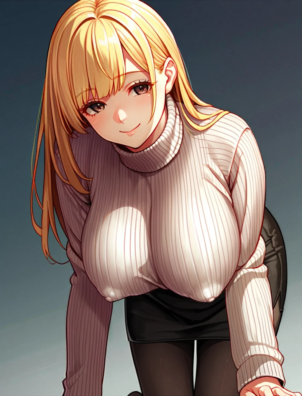 score_9, score_8_up, score_7_up, source_anime, simple dark background, 2.5D, anime,
1girl, cute girl, japanese girl, (blonde_hair:1.4), smile, brown eyes, cute eyes, eyelashes, white turtleneck sweater, (sweater:1.6), long sleeve, black tight skirt, long breasts, sagging breasts, (covered breasts:1.6), (erect nipples), hard nipples, (puffy nipples:1.2), (covered nipples:1.6), pantyhose, on all fours, 