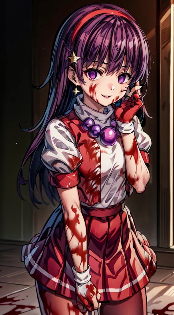 (masterpiece)、(highest quality)、(Very detailed)、Intricate details、Athena 97、(1 girl:1.4)、alone、Purple eyes、Purple Hair、Hair length、White Earrings、Red Hairband、Star hair ornament、Proper breathing、Red vest、White turtleneck、White puff sleeves、Short sleeve、Red pleated skirt、(Crimson Pantyhose:1.2)、Black Pantyhose、Yellow Belt、Purple sphere necklace、Red fingerless gloves、White short socks、Red Shoes、Wicked Smile、Browsing Caution、In the ruins、Anime Style、(Blood on my face:1.6)、(Preparing for battle:1.2)、Contains Hypnolol、
Hollow Eyes、whole body, Looking at the audience,