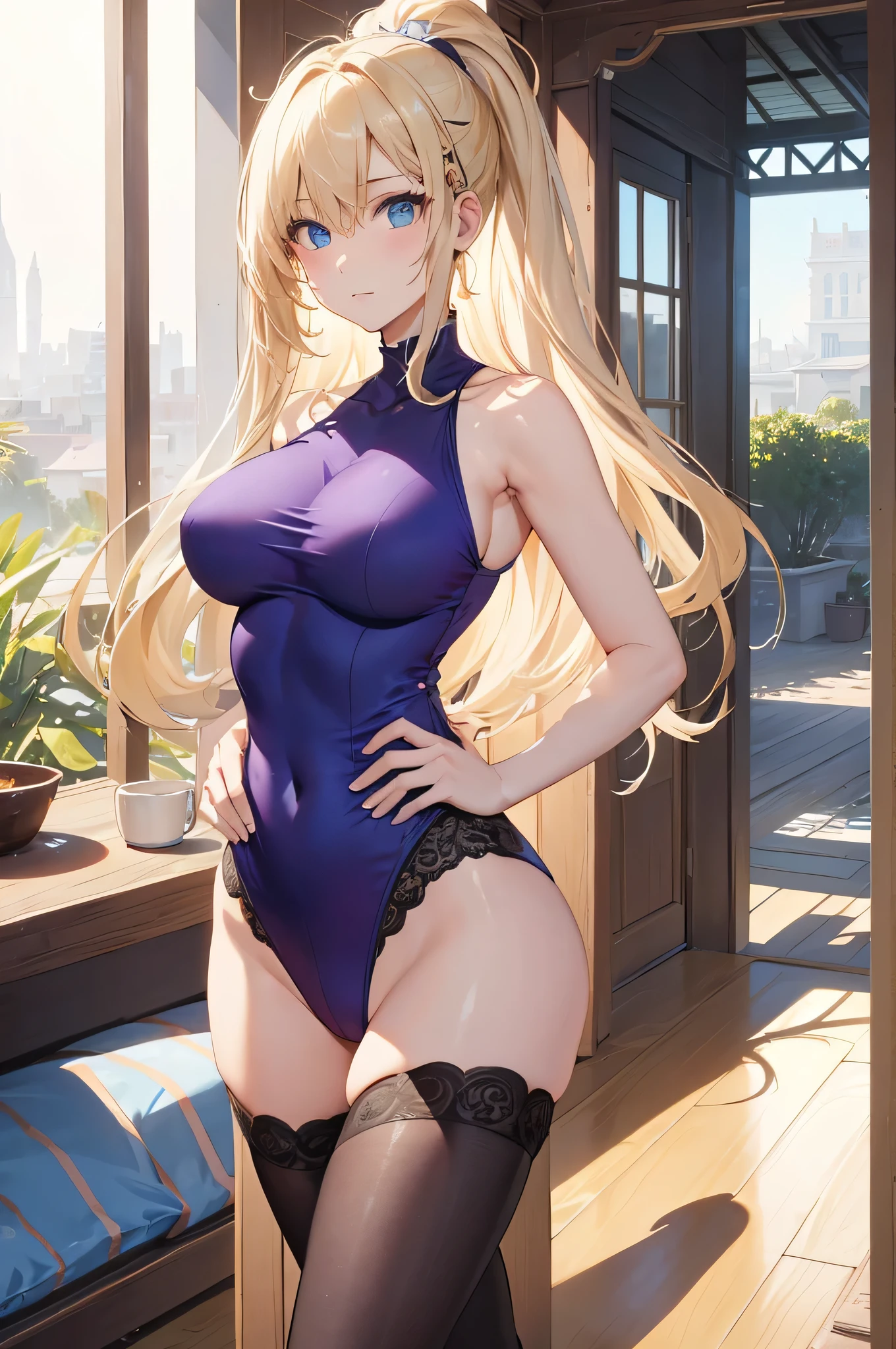 (masterpiece)、highest quality、Expressive eyes、Perfect Face、1woman、Anime Women、solo、Blonde、Hair on one eye、Blue Eyes、Big Breasts、A woman with very large breasts、Purple leotard、(The shoulders of the leotard are made of a tank top, The leotard has a high-cut waist)、Outdoor、Natural light、whole body、Portraiture、View Viewer、Cowboy Shot、