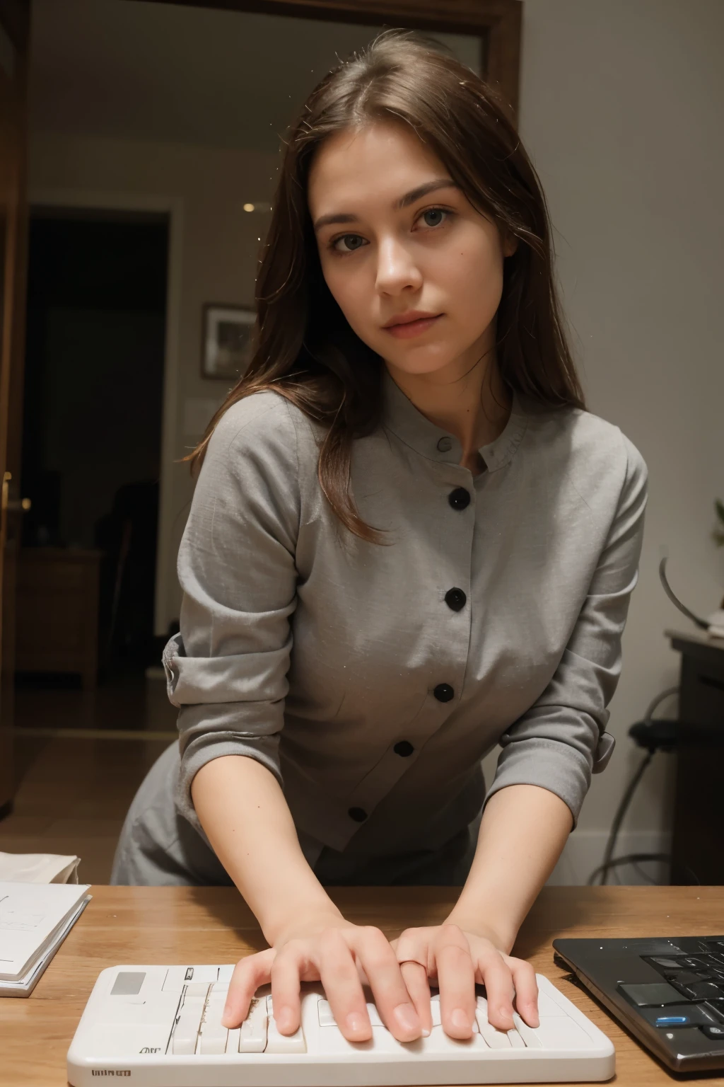 ((Best quality)), ((masterpiece)), (detailed), perfect face, girl looking at the keyboard, dressed in a classic suit, 
fully clothed, The fingers are folded in the lock