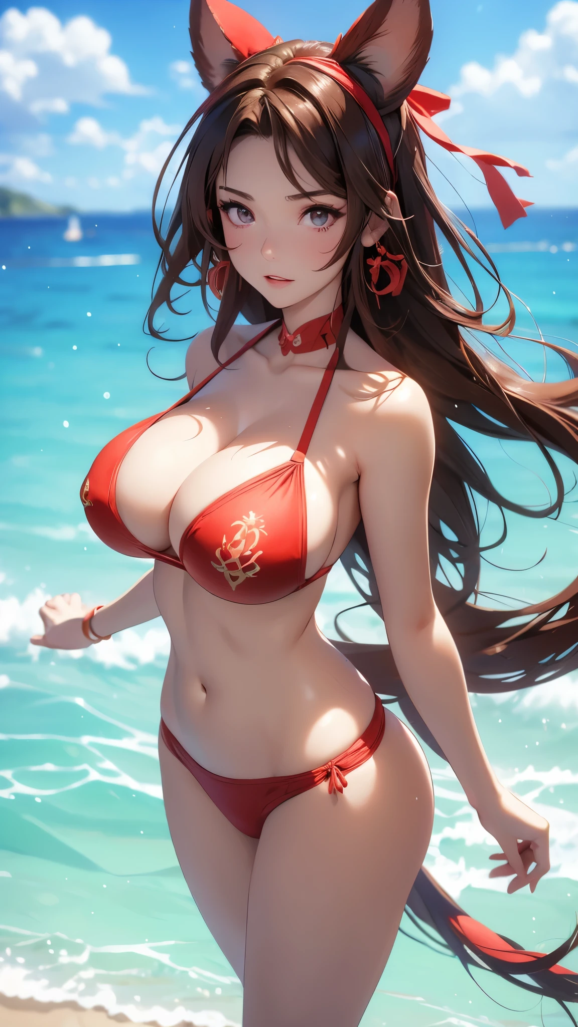 Mai Shiranui nue (huge tits), Brown hair, Haut du corps, abdos, symmetrical round breasts, deserted beach, gros seins, gigantesque seins, 4K ultra UHD, mains parfaites, cing doigts, yeux parfaits, bikini dentelle rouge