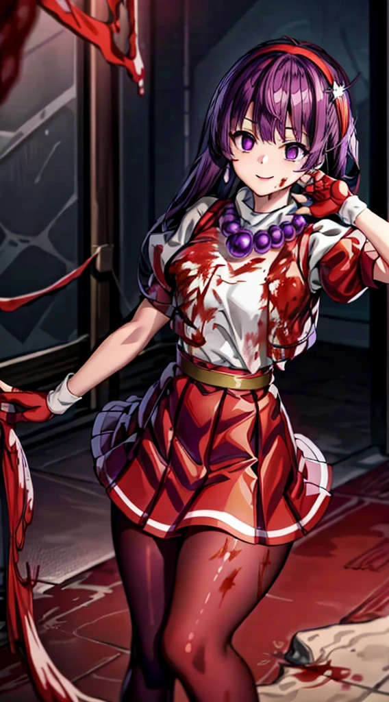 (masterpiece)、(highest quality)、(Very detailed)、Intricate details、Athena 97、(1 girl:1.4)、alone、Purple eyes、Purple Hair、Hair length、White Earrings、Red Hairband、Star hair ornament、Proper breathing、Red vest、White turtleneck、White puff sleeves、Short sleeve、Red pleated skirt、(Crimson Pantyhose:1.2)、Black Pantyhose、Yellow Belt、Purple sphere necklace、Red fingerless gloves、White short socks、Red Shoes、Wicked Smile、Browsing Caution、In the ruins、Anime Style、(Blood on my face:1.6)、(Preparing for battle:1.2)、Contains Hypnolol、
Hollow Eyes、whole body, Looking at the audience,