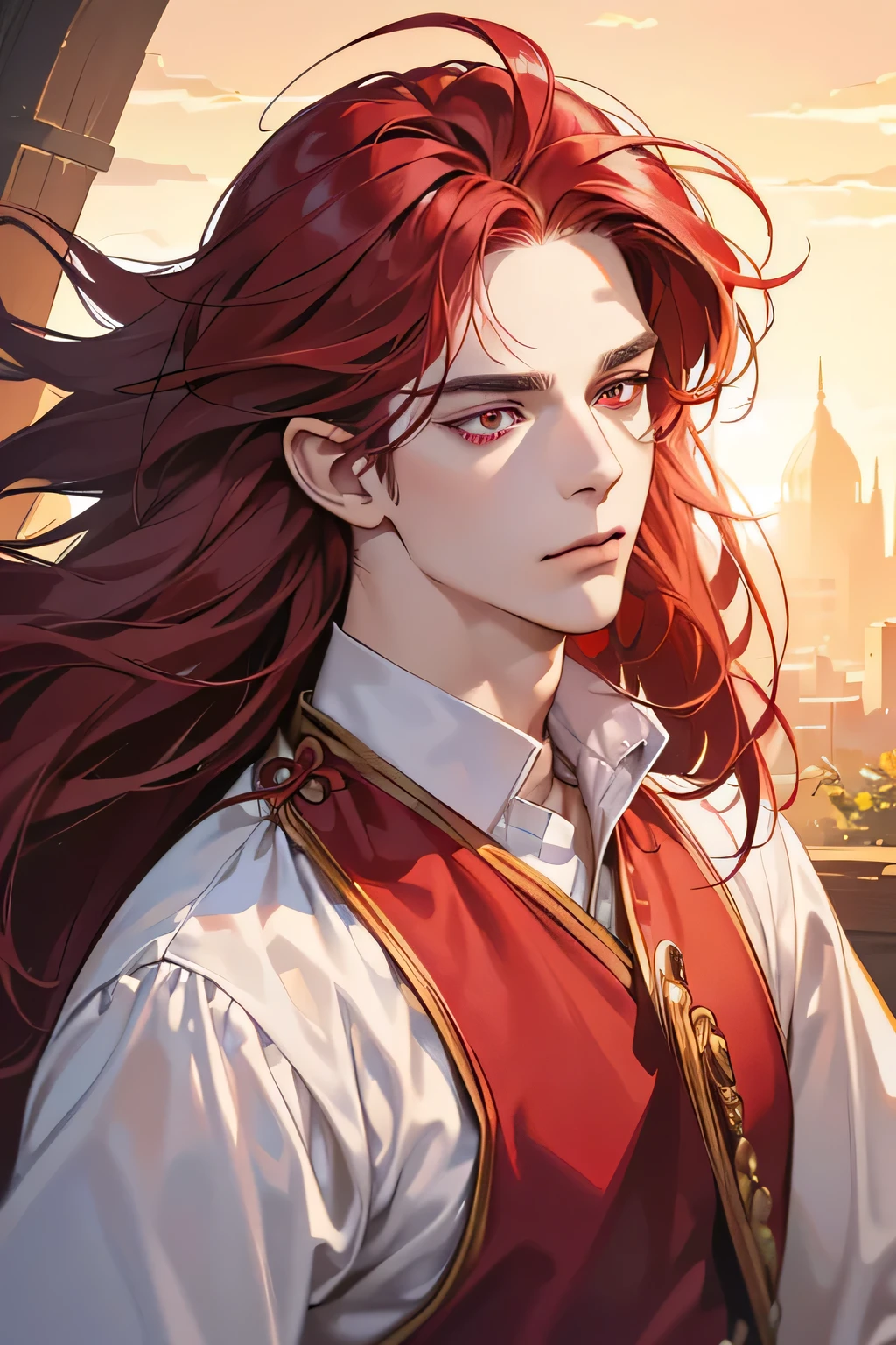 (table top, digital art, digital illustration, 4K, 8K, super detailed, beautiful images, clear image, realistic, RAW photo, perfect face, perfect lines, perfect eyes, soft lighting) 1 male human, (Red maroonhair、long hair、red maroon eyes,messy hair、Bullish look,closed mouth、dragon human.、human like ears、32 years old:1.3),Handsome male sex, (with royal clothes、vest、muscular、Thin macho,Firm shoulder width, male:1.2) hair fluttering in the wind、Sunburned healthy skin, human ear, look at camera, red eyes perfect