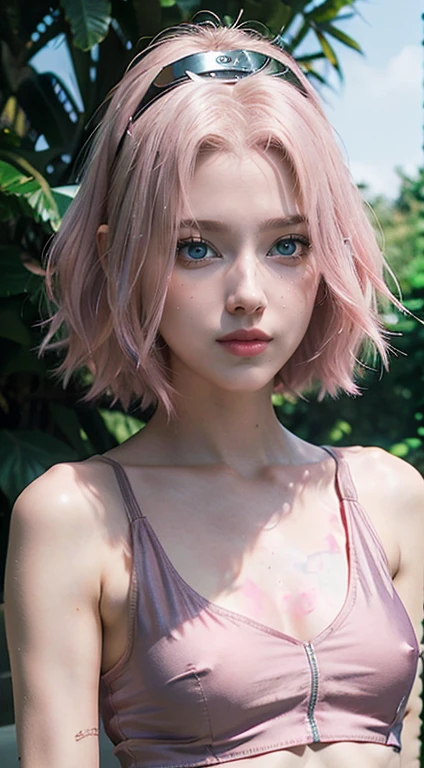 young woman, short shoulder-length pink hair, wide forehead, porcelain skin, pink eyebrows, big emerald green eyes, buttoned nose, full lips, heart-shaped face, slender body, small breasts, red tank top, Sakura Haruno , realistic, realism, details, 3d, well detailed