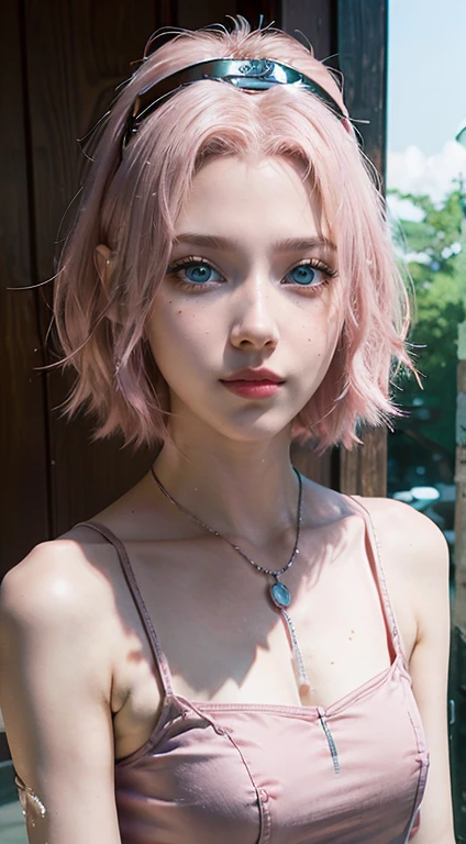 young woman, short shoulder-length pink hair, wide forehead, porcelain skin, pink eyebrows, big emerald green eyes, buttoned nose, full lips, heart-shaped face, slender body, small breasts, red tank top, Sakura Haruno , realistic, realism, details, 3d, well detailed
