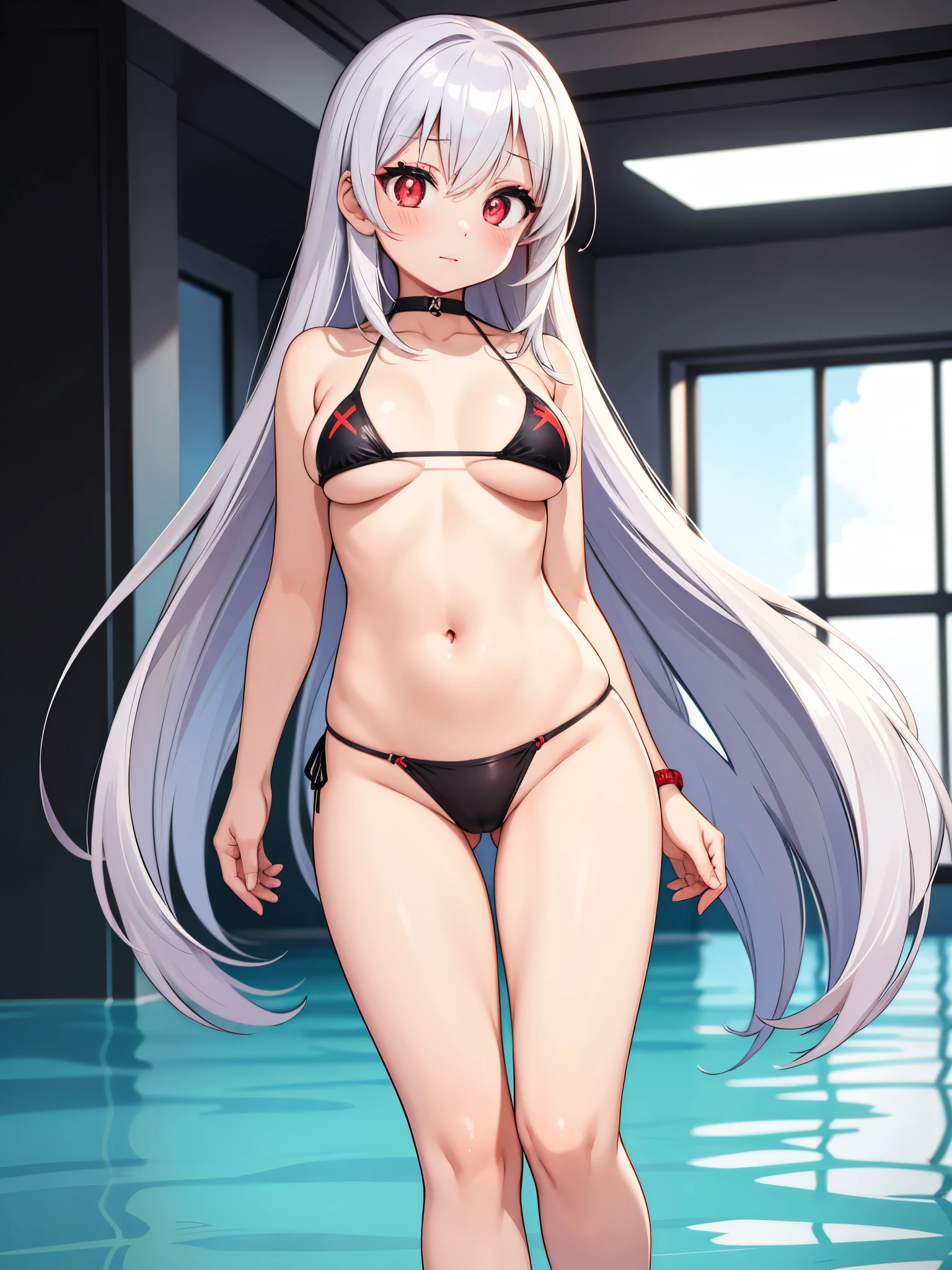 1girl,micro bikini,red eyes,silver hair,thigh gap,x-shaped pupils