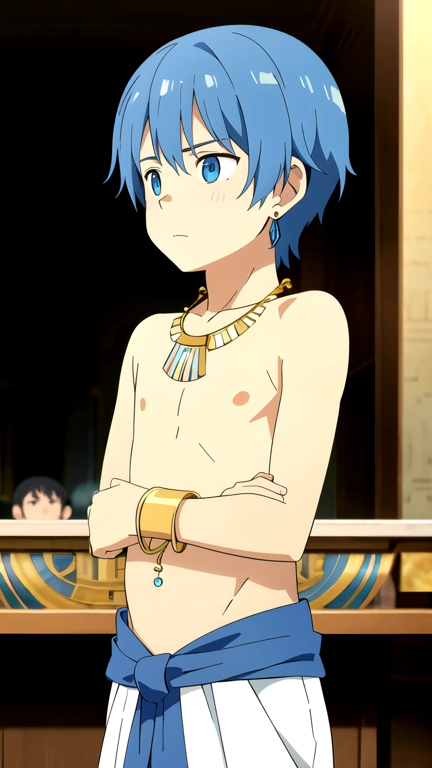 Highres, Masterpiece, Best quality at best,Best Quality,hight quality, hight detailed, 1boy, Boy,Fluffy hair, Side bangs, Shota, Solo person, Thin young boy without a shirt, Blue hair, Blue eye, Egyptian palace, Ancient egyptian accessory, Egyptian prince, earrings, bracelets, necklaces, navel piercing, (very young boy), 14-year-old boys, Blurry and simple beckground, bokeh, Uhd