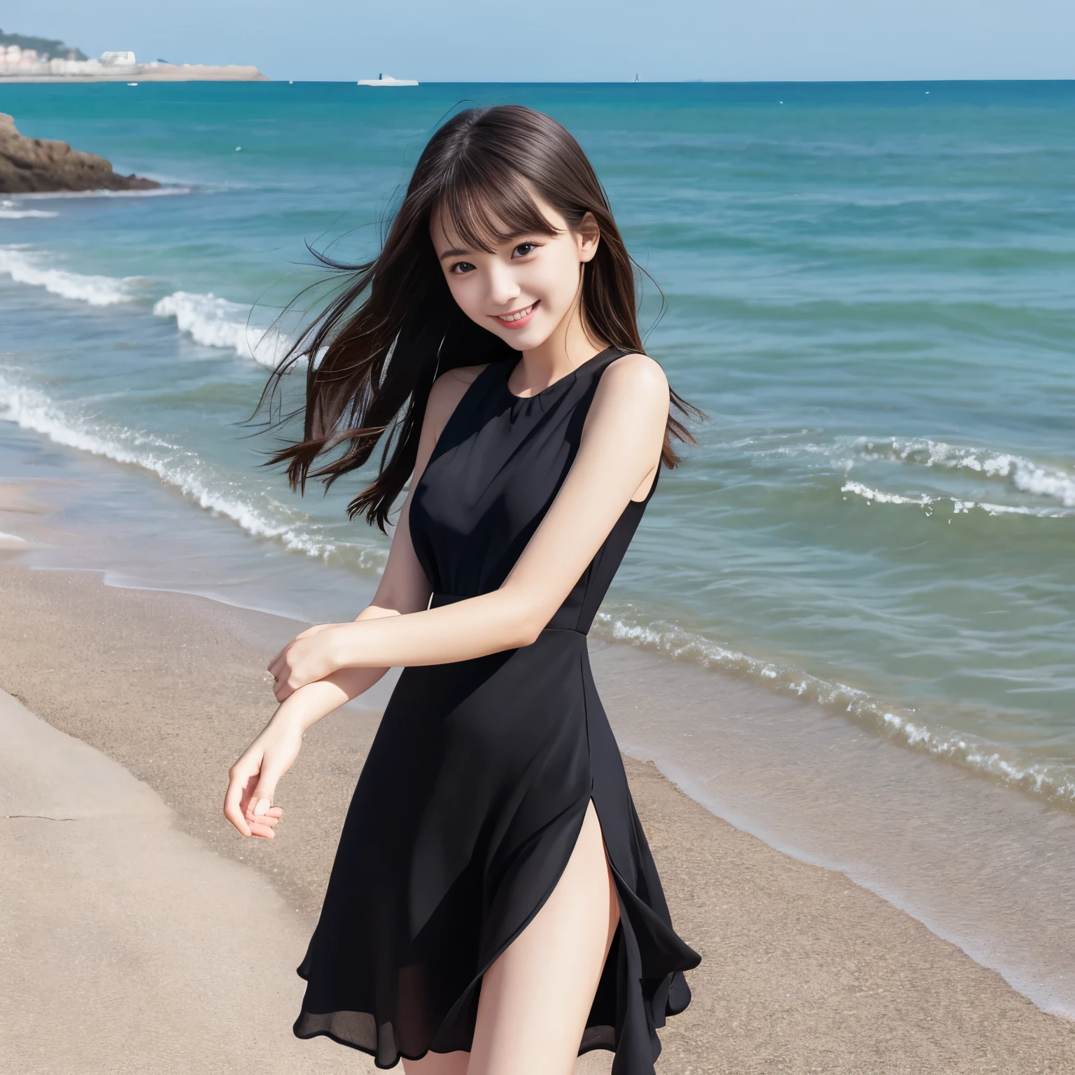 highest quality、8K、Portrait、pretty girl、Slightly slim girl、Young Gravure Idol、Very bright light、smile、Spiteful eyes、Black dress、Showing off her bare legs、Walking along the seaside