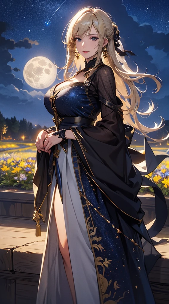 masterpiece, high quality, 4K, Beautiful design, silhouette,blonde, 非常に詳細な夜のStarry Sky,Flower Field, wonderful, Finer details, Very knowledgeable woman, Highly detailed solo, 1 female,Big Breasts, dress,Night view,Starry Sky,full moon,