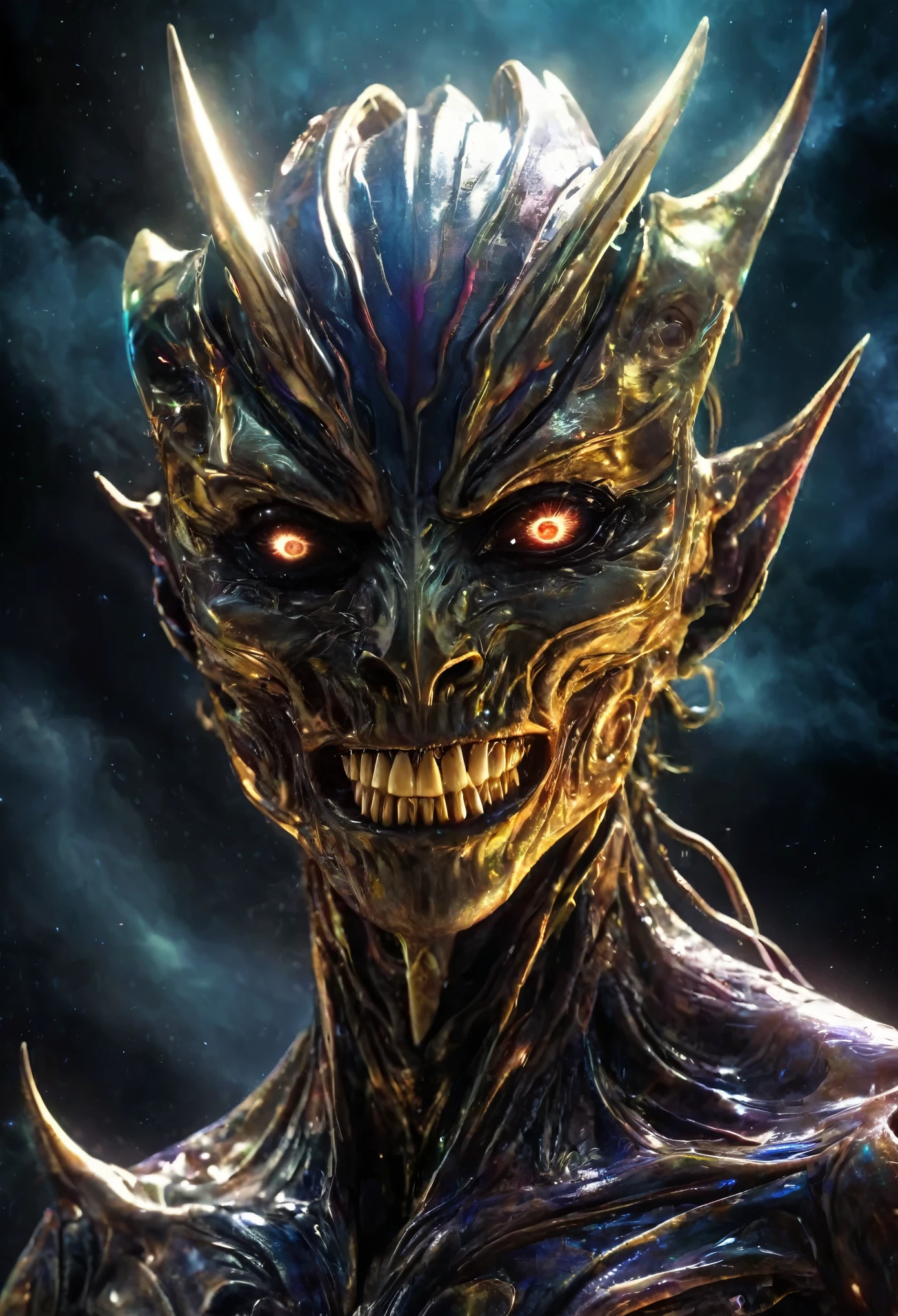 (High resolution,realistic,sharp focus),Humanoid alien creature with a vertically split face forming a mouth shape,beautiful predatory creature There is similar to a woman,Alien/monster hybrid,scary hunter,[cosmic,extraterrestrial] There is,organic matter,otherworldly predator,beyond life,length,flowing hair,earrings,shineing eyes,intense sight,[elegant,graceful],enchanting facial features,[sharp,pointed,elengthated] teeth,[toxic,toxic] tooth,intense,enchanting smile,Smooth yet muscular body,[curve,shape] There is similar to a woman,[graceful,Towering] before,Alien skin texture resembling iridescent scales,[ethereal,luminescent] shine,[Evil,Unlucky] aura,Slurping,bipedal walking,[tranquility,predatory] enchanting footsteps,hypnotic] dance,[spooky,Unforgettable] grace,contrasting colors,[darkness,Shadow] hug a living thing,dystopian background scenery,[cosmic,Milky Way] background,Unlucky celestial bodies,pulsating clouds,[extraterrestrial,surreal] vegetation,rays of ethereal light [filtering,caress] scene,dramatic chiaroscuro lighting,penetrating the darkness,Create an intimate yet frightening atmosphere.