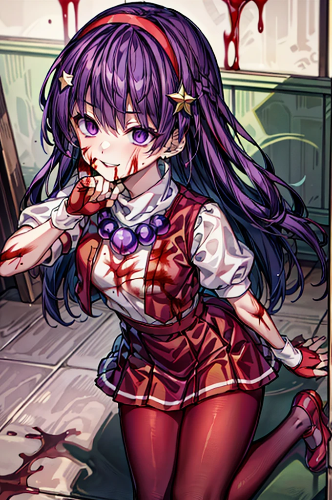 (masterpiece)、(highest quality)、(Very detailed)、Intricate details、Athena 97、(1 girl)、alone、Purple eyes、Purple Hair、Hair length、White Earrings、Red Hairband、Star hair ornament、Proper breathing、Red vest、White turtleneck、White puff sleeves、Short sleeve、Red pleated skirt、(Crimson Pantyhose:1.2)、Black Pantyhose、Yellow Belt、Purple sphere necklace、Red fingerless gloves、White short socks、Red Shoes、Wicked Smile、Browsing Caution、In the ruins、Anime Style、(Blood on my face:1.6)、(Preparing for battle:1.6)、Hypnolol、
Hollow Eyes、whole body,