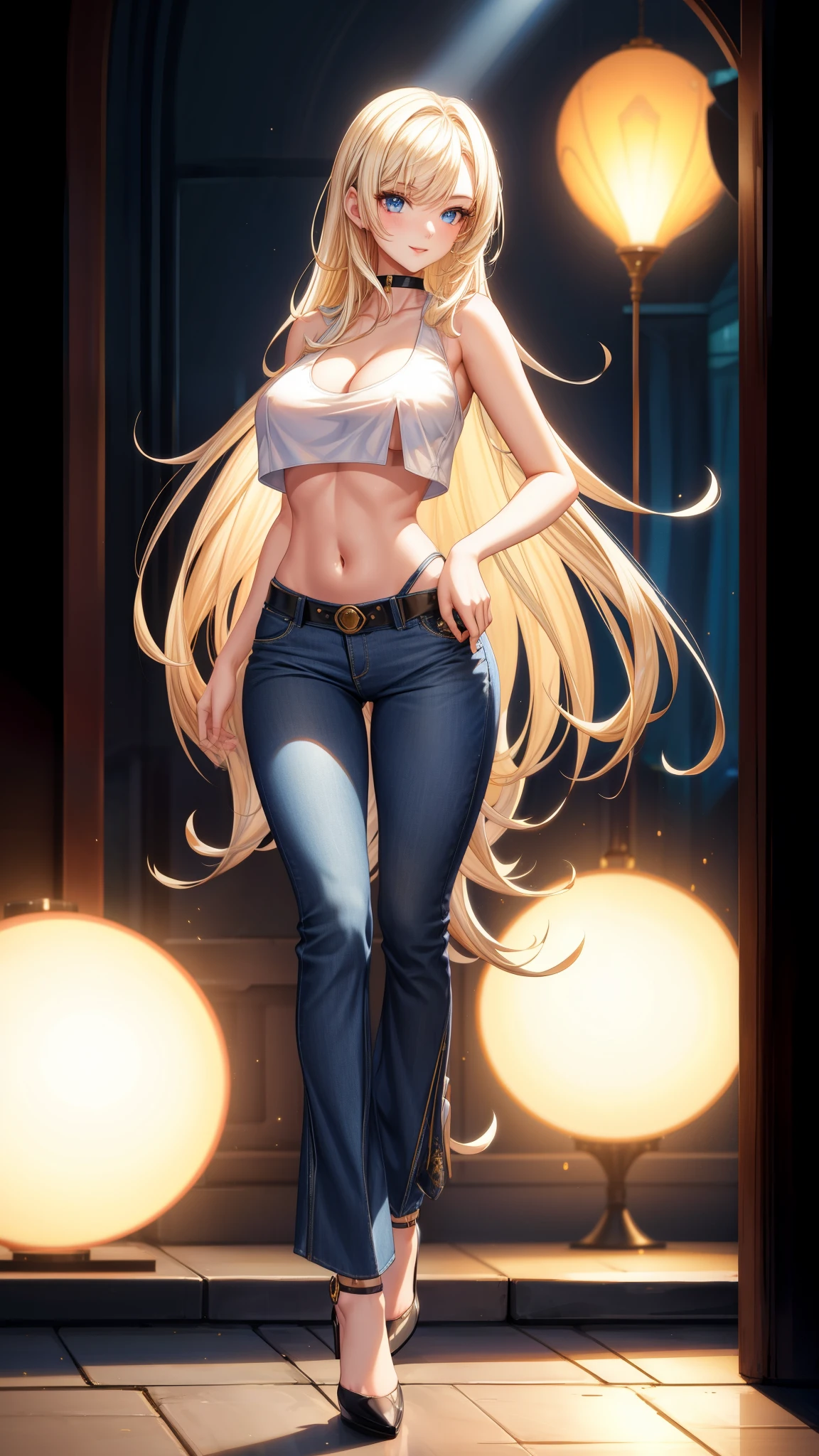 best quality, highres, 8k, masterpiece, immersive atmosphere, chiaroscuro:(1.5, bright light:1.2, luminous lighting), blurring, (background blur:1.5),
(dynamic angle, seductive pose:1.2), outdoors, downtown, (legs focus, full body:1.5), delicate features, (beautiful face, beautiful eyes, beautiful legs), not safe for work, (opaque:1.5), high contrast,
1girl, (solo), 20 years old, white skin, blue eyes, blonde hair, straight hair, very long hair, forehead, bright lips, seductive smile, (slender figure:1.1), (white croptop:1.2), sleeveless, cleavage, large breast, hard nipples, navel, (blue jeans:1.4, flares pants:1.2), (black heels:1.2)