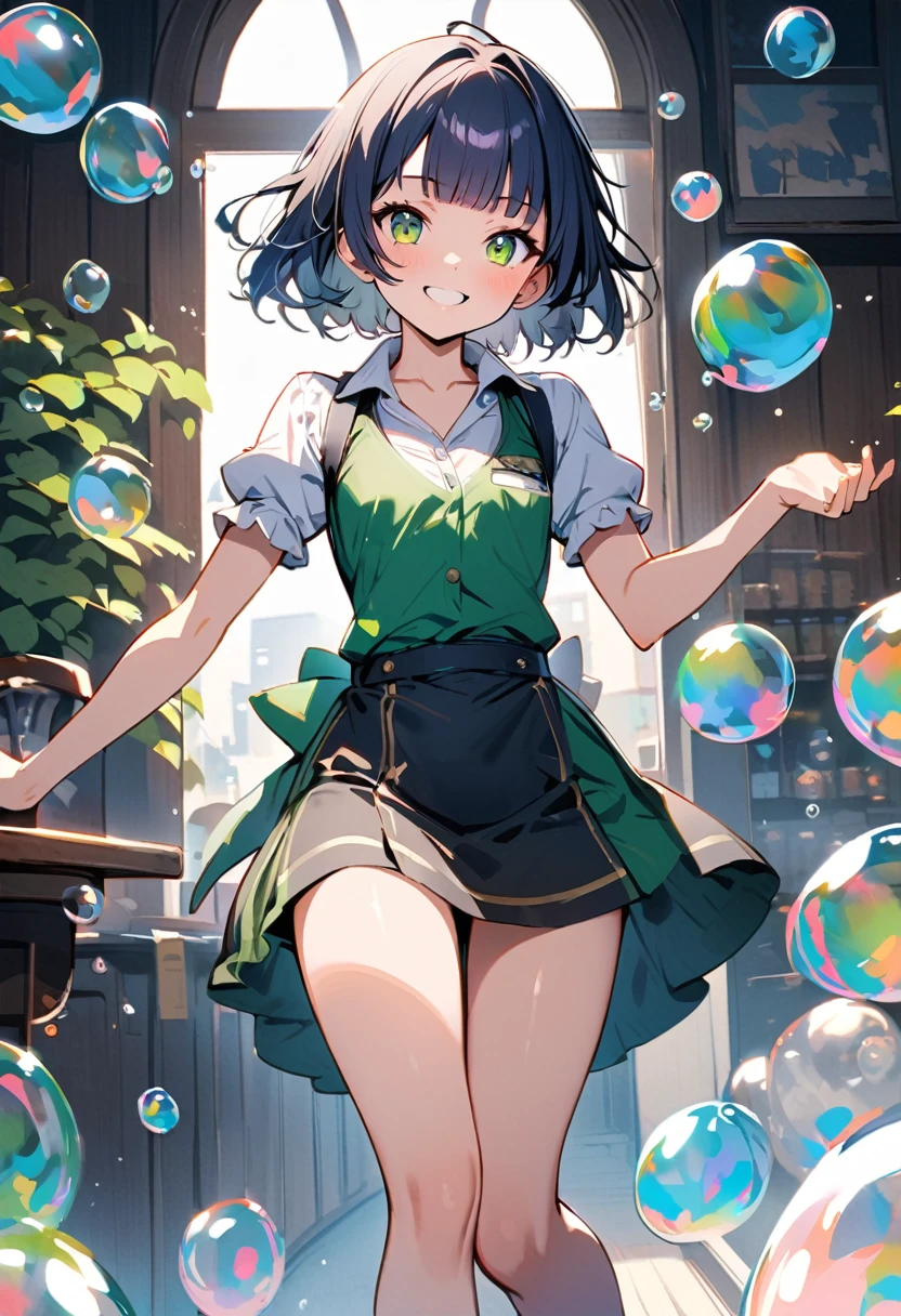 Irish pub waitress,happy smile,Many floating soap bubbles,16yo,beautiful detailed face,BREAK (navy hair),(wavy-short hair),parallel eyebrows,eyes with large irises,blunt bangs,fresh lips,small breasts,small hip,(5feet tall)), BREAK pop Watercolor, (masterpiece, best quality:1.1),