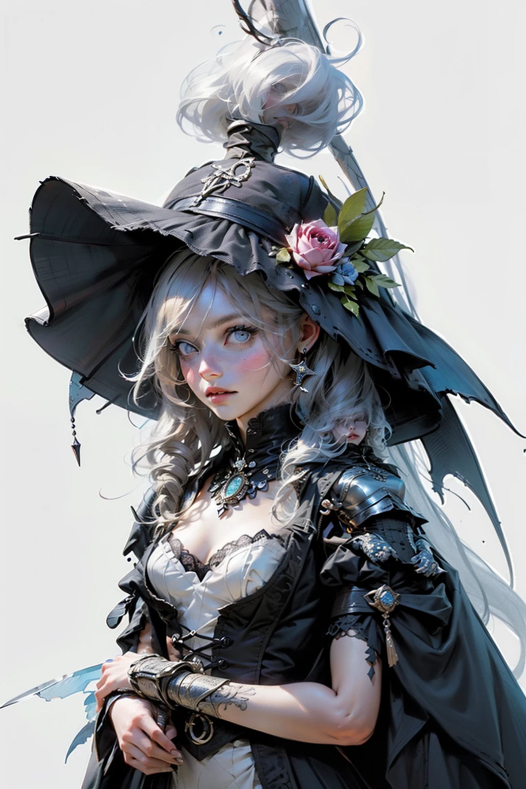 mpts
Copy
(((masutepiece, of the highest quality, super detailed))), hand drawn style, hand painted style, watercolour, sketch, a knight, white background, plain background, Bloodborne inspired, tatty Bloodborne attire, occult aesthetic, occult, tatty red and white clothing detailed and intricate steampunk and detailed gothic lolita (with a hood), diadems, long coat, very thin long legs, Complex laced boots, Fluttering lace flared long knee length dress with frilly petticoats, long dress, knee length dress, petticoats gothic lolita, beautiful small breasts, (((( Highly detailed face))), small thin nose, Small thin lips mouth, (((Very sharp focused eyes))), Very large slit precision pale grey eyes that shine like jewels. very long eyelashes, Silver hair swaying in the wind, Emitting a dazzling light in a mandala pattern, white background, Very dramatic and cinematic lighting, tatty damaged old red and white clothing, full body, whole body, body, cosmic horror, grim dark