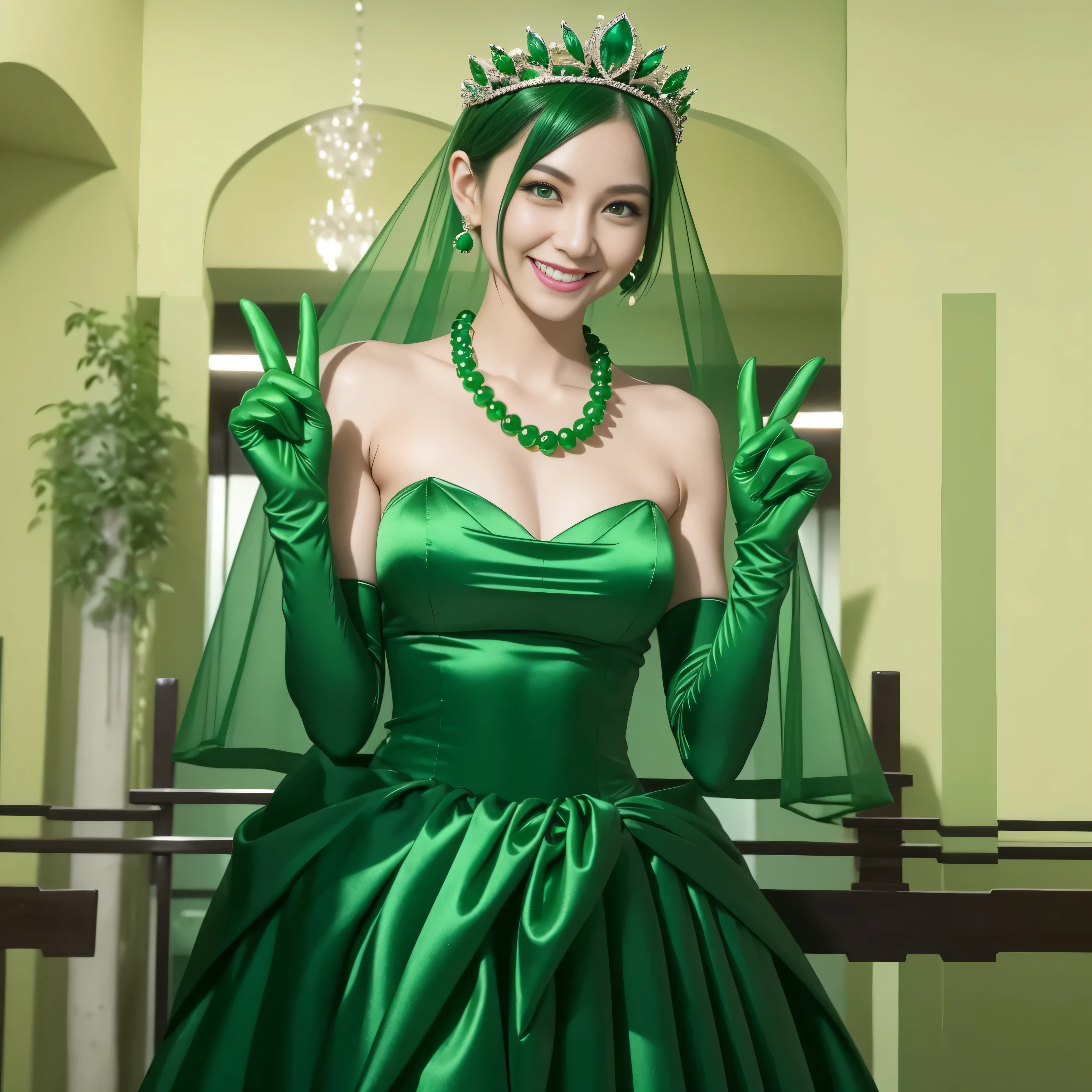 Emerald tiara, Green Pearl Necklace, Boyish very short green hair, lipstick, Smiling Japanese woman, Very short hair, Big and beautiful, Green Eyes, Long green satin gloves, Green Eyes, V sign, Emerald Earrings, Green veil