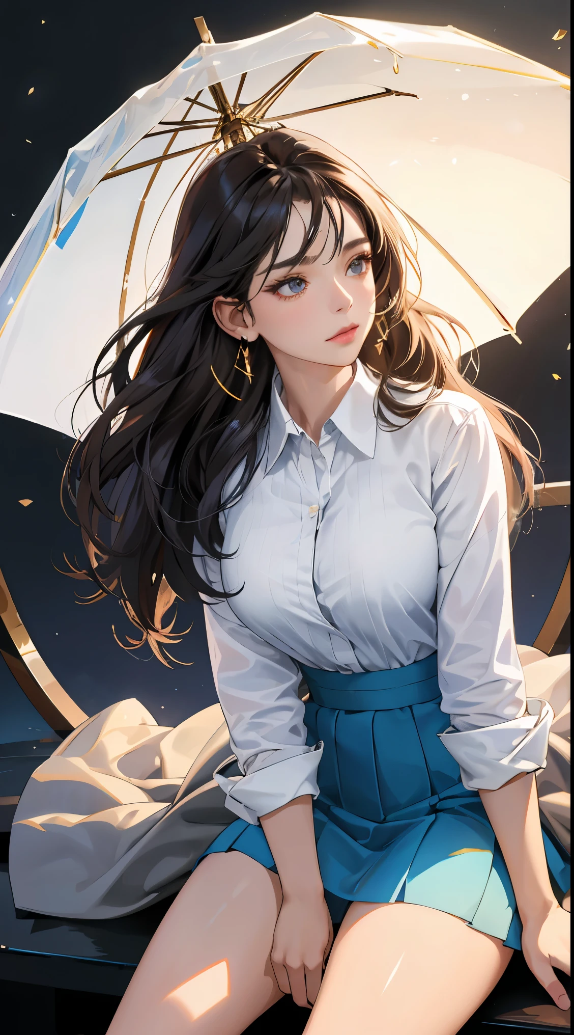 (best quality:1.5, High resolution, Ultra HD, 4k, Detailed lighting, Shaders), hair, gradient hair, Large Breasts, Transparent set, Clear shirt, Transparent social shirt, Short skirt, Mature woman , (View), White background, Colored eyeshadow, Dramatic Lighting, Shining eyes, Gold earrings, flowing hair, Exquisite facial features, dark skin, High bone, rain, environment,sit, White background, Don't look for the camera, whole body.